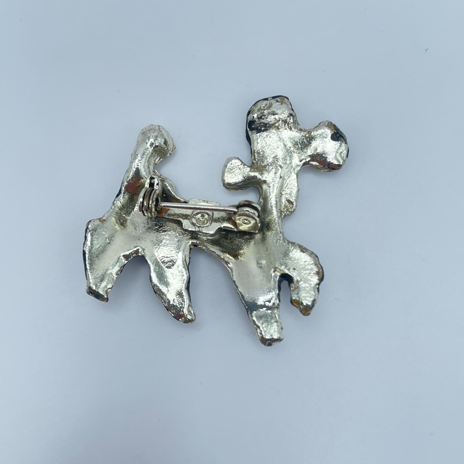Vintage 90s Silver Tone Textured Black Enamel Poodle Dog Brooch Pin Jewelry - Thumbnail 6