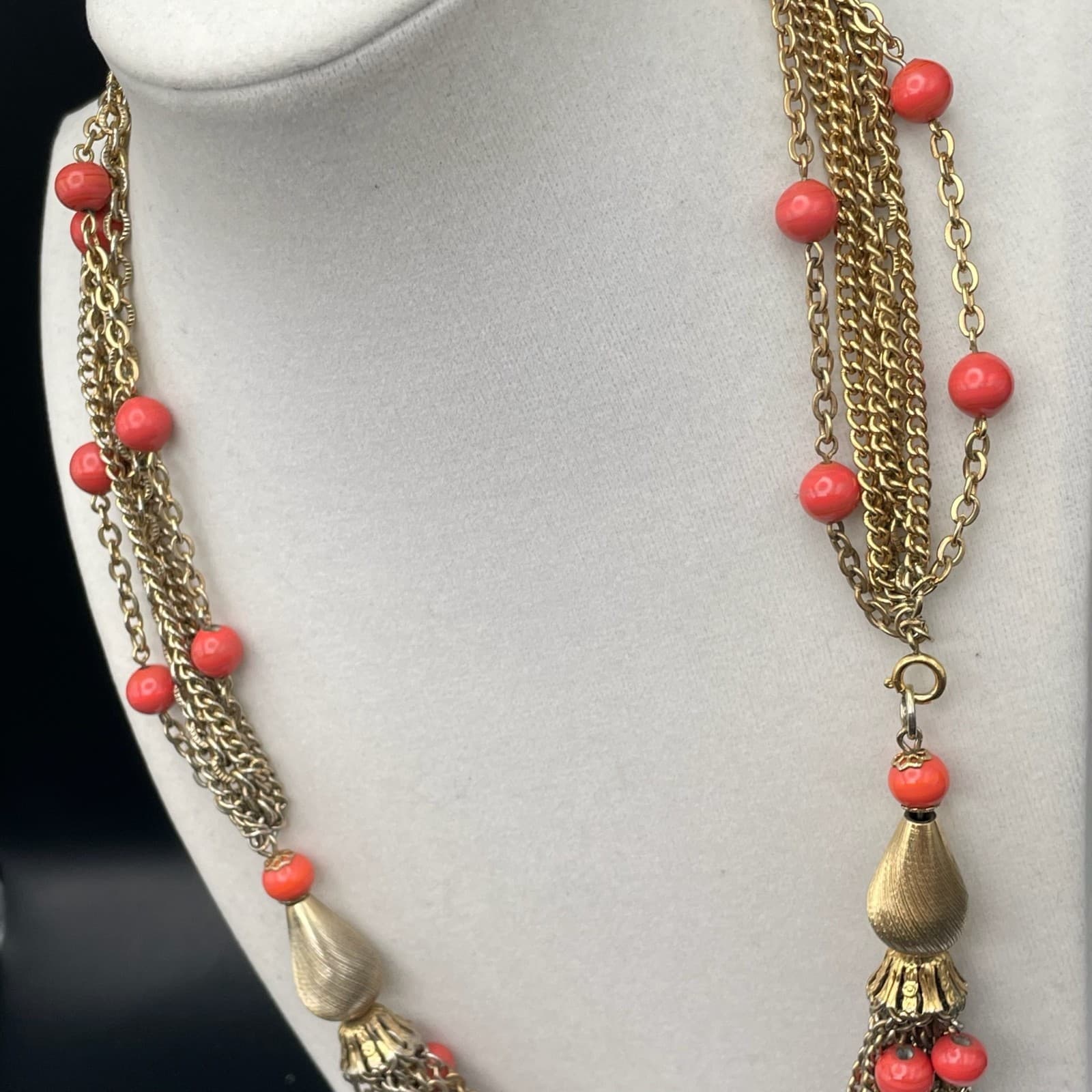 Vintage Multi-strand gold-tone chain necklace with red beads and tassel accents - Thumbnail 7