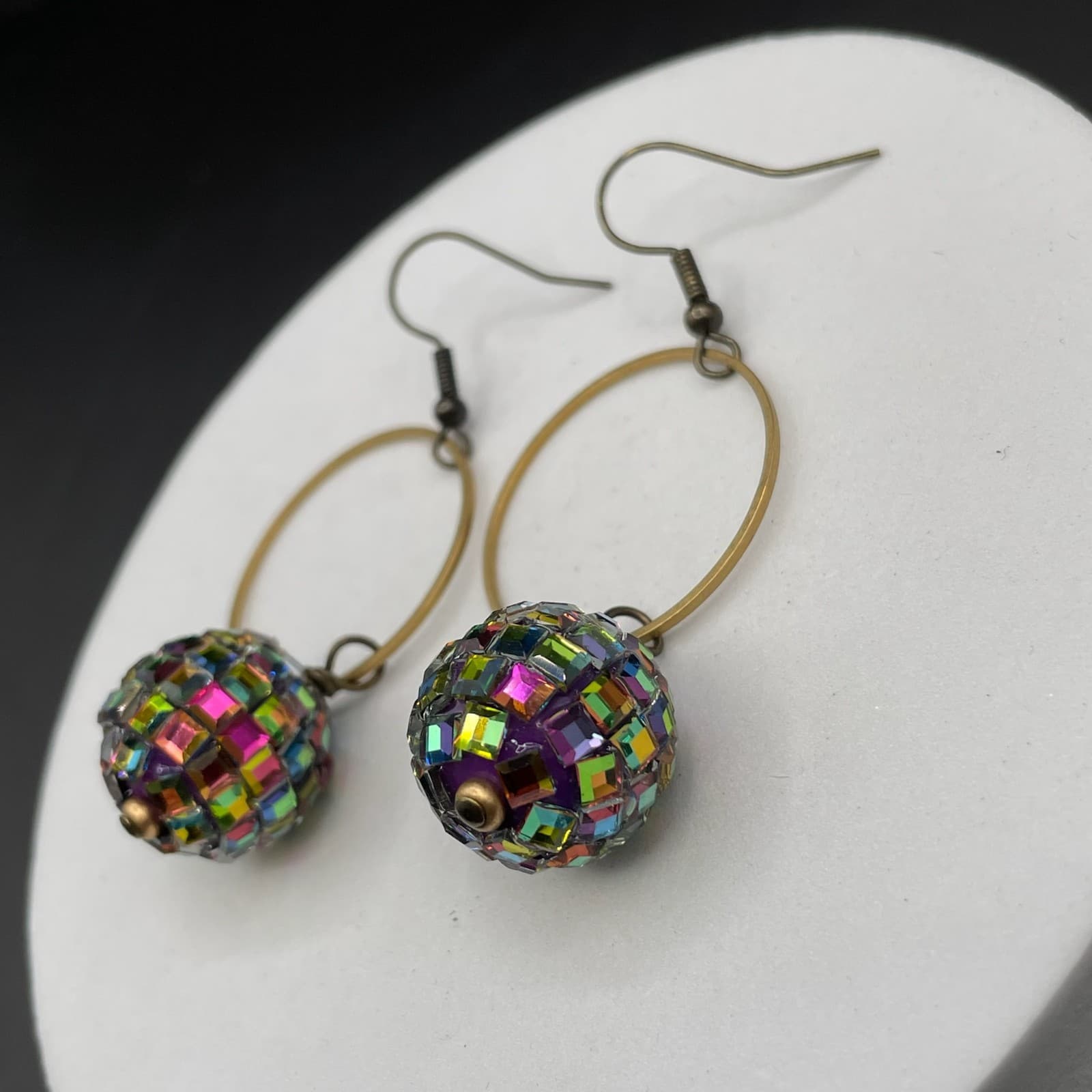 Boho Gold Hoop Earrings w/ Rainbow Mosaic Bead Disco Y2K Statement - Thumbnail 4