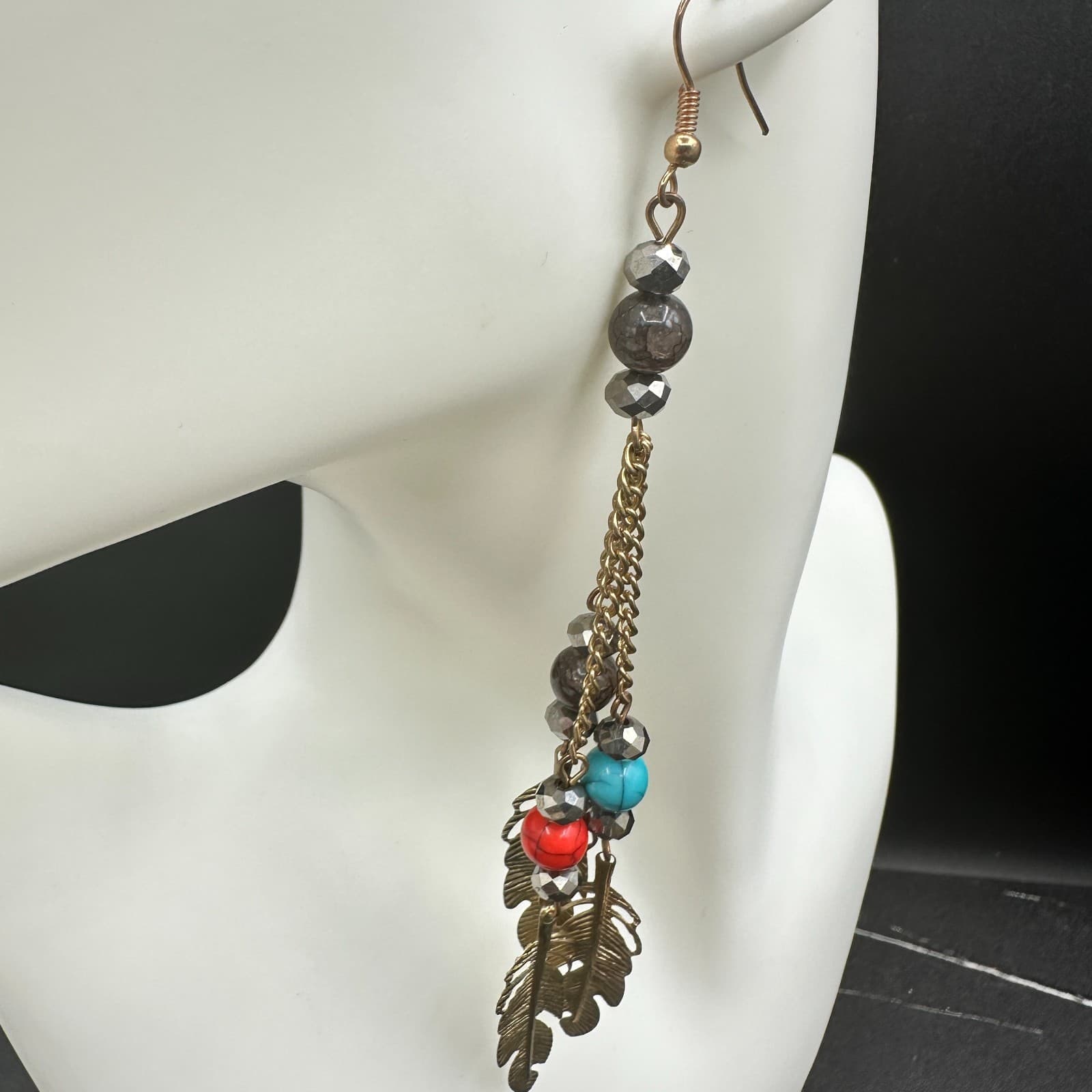 VTG Boho Feather Dangle Earrings Multi-Color Bead Chain Long Gold Tone Hook - Thumbnail 7