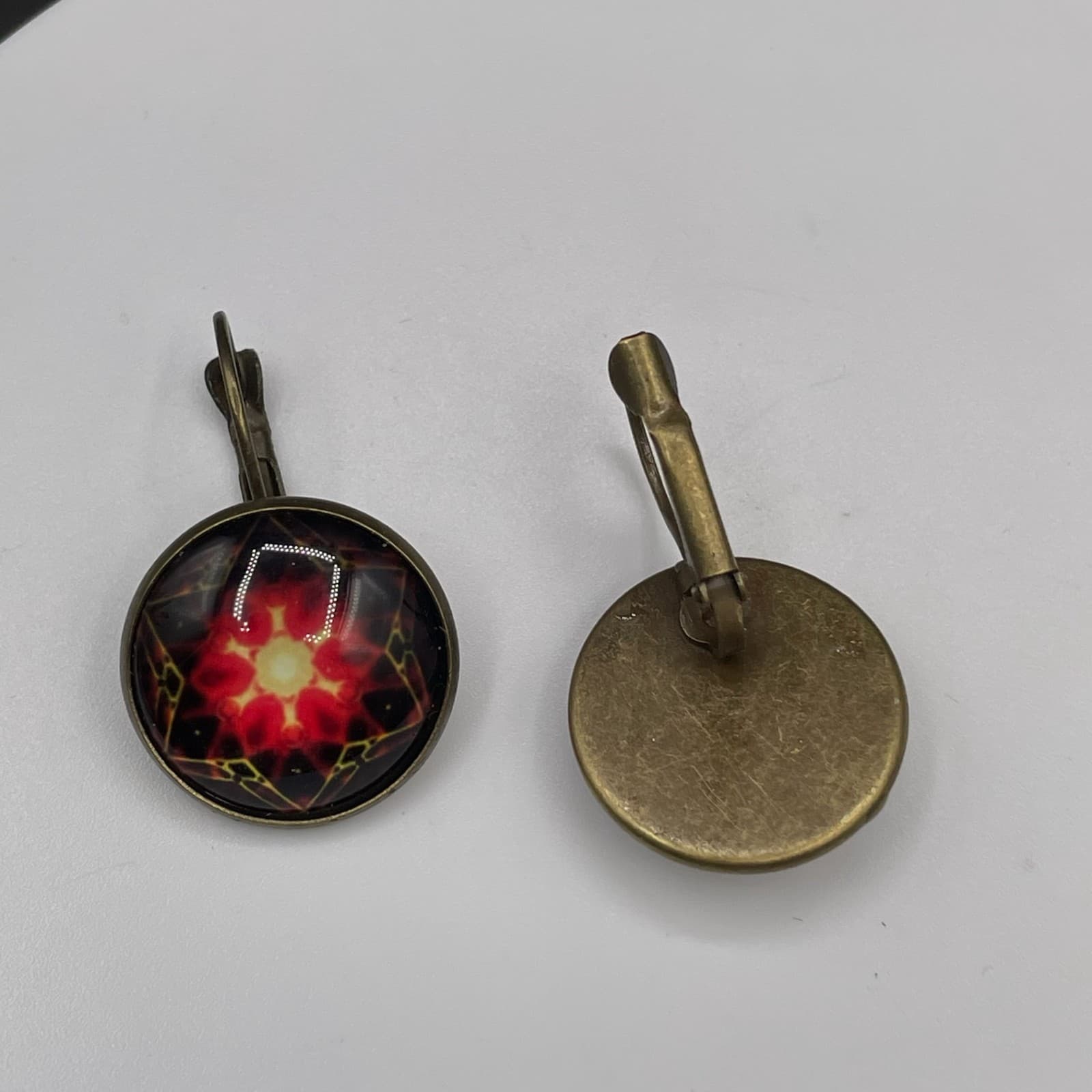 Kaleidoscope Glass Dome Earrings Red Yellow Mandala Boho Art Statement - Thumbnail 7