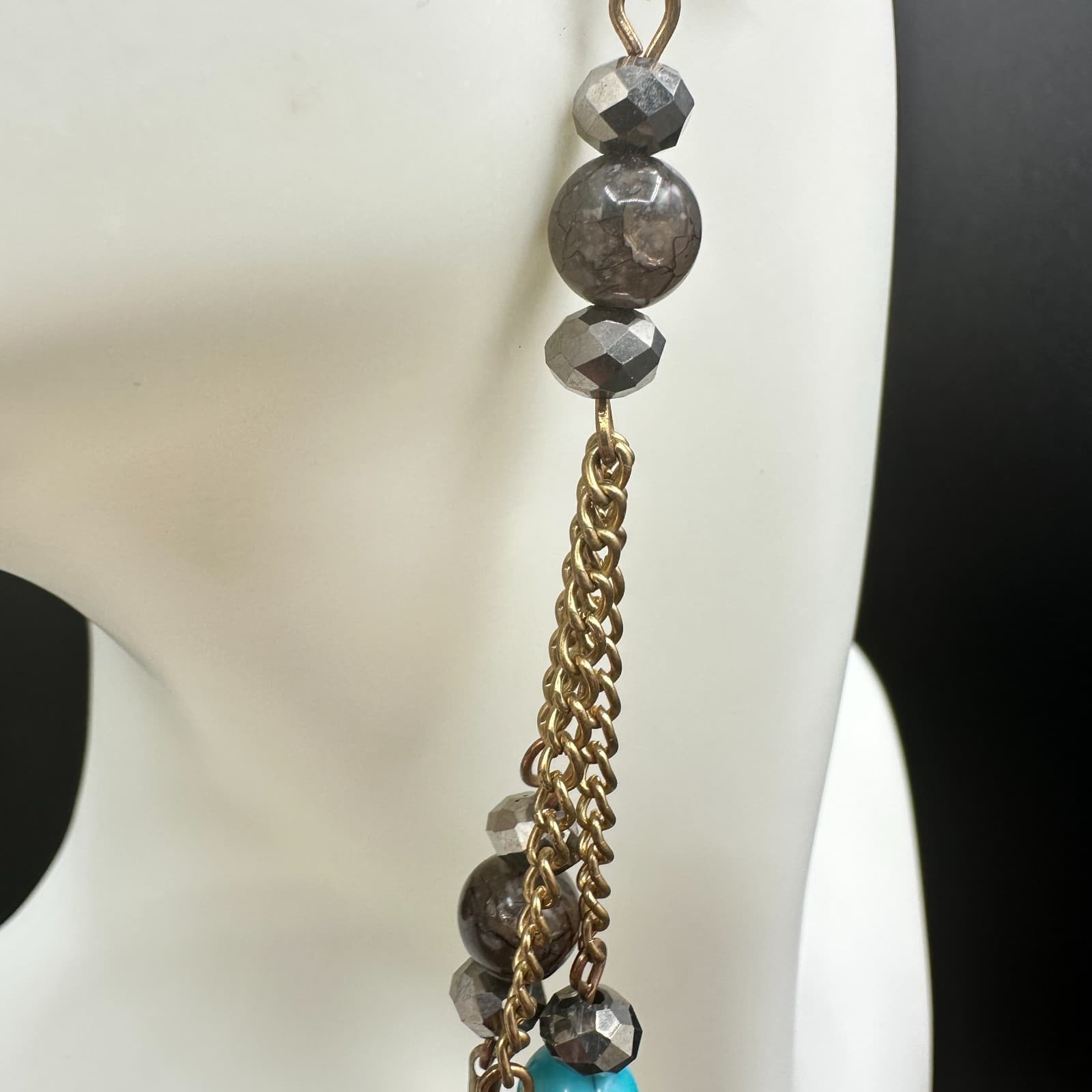 VTG Boho Feather Dangle Earrings Multi-Color Bead Chain Long Gold Tone Hook - Thumbnail 9