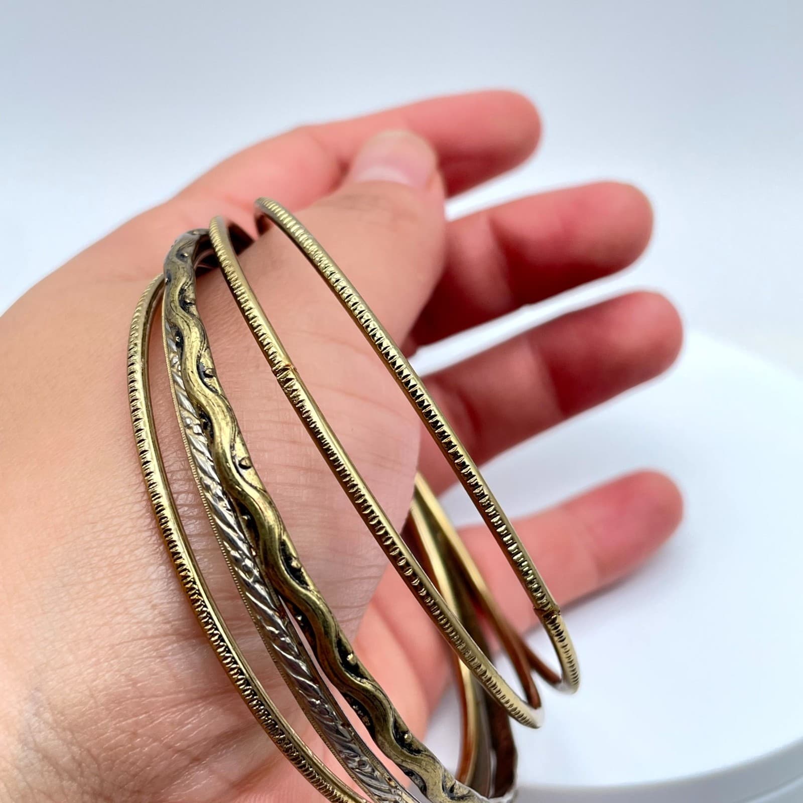 Vintage Gold-Tone Classic Fashion Oxidize Metal Slide Bunch Bangle Bracelet Set - Thumbnail 6