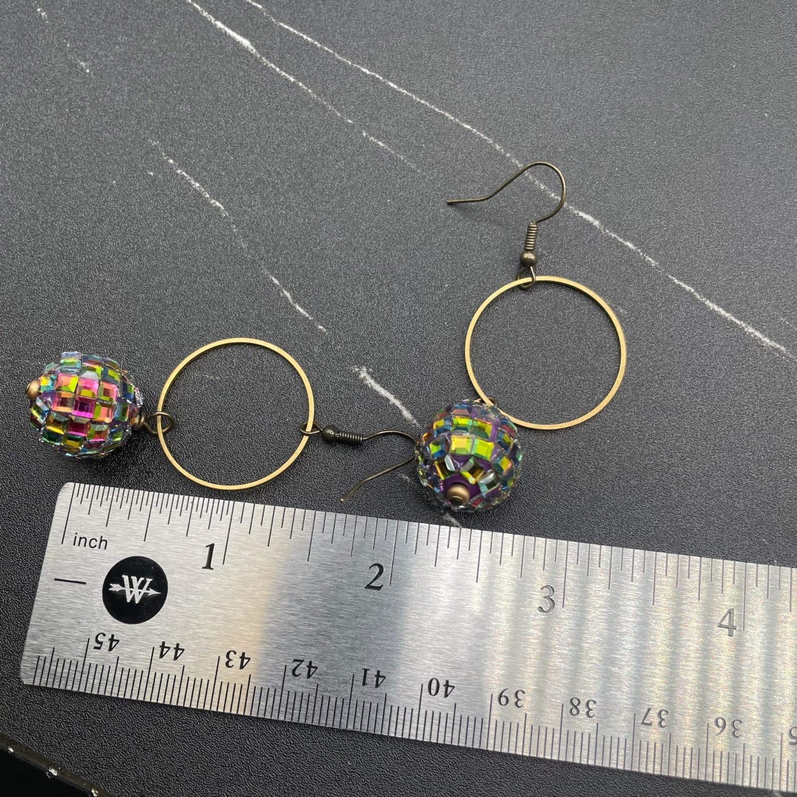 Boho Gold Hoop Earrings w/ Rainbow Mosaic Bead Disco Y2K Statement - Thumbnail 5