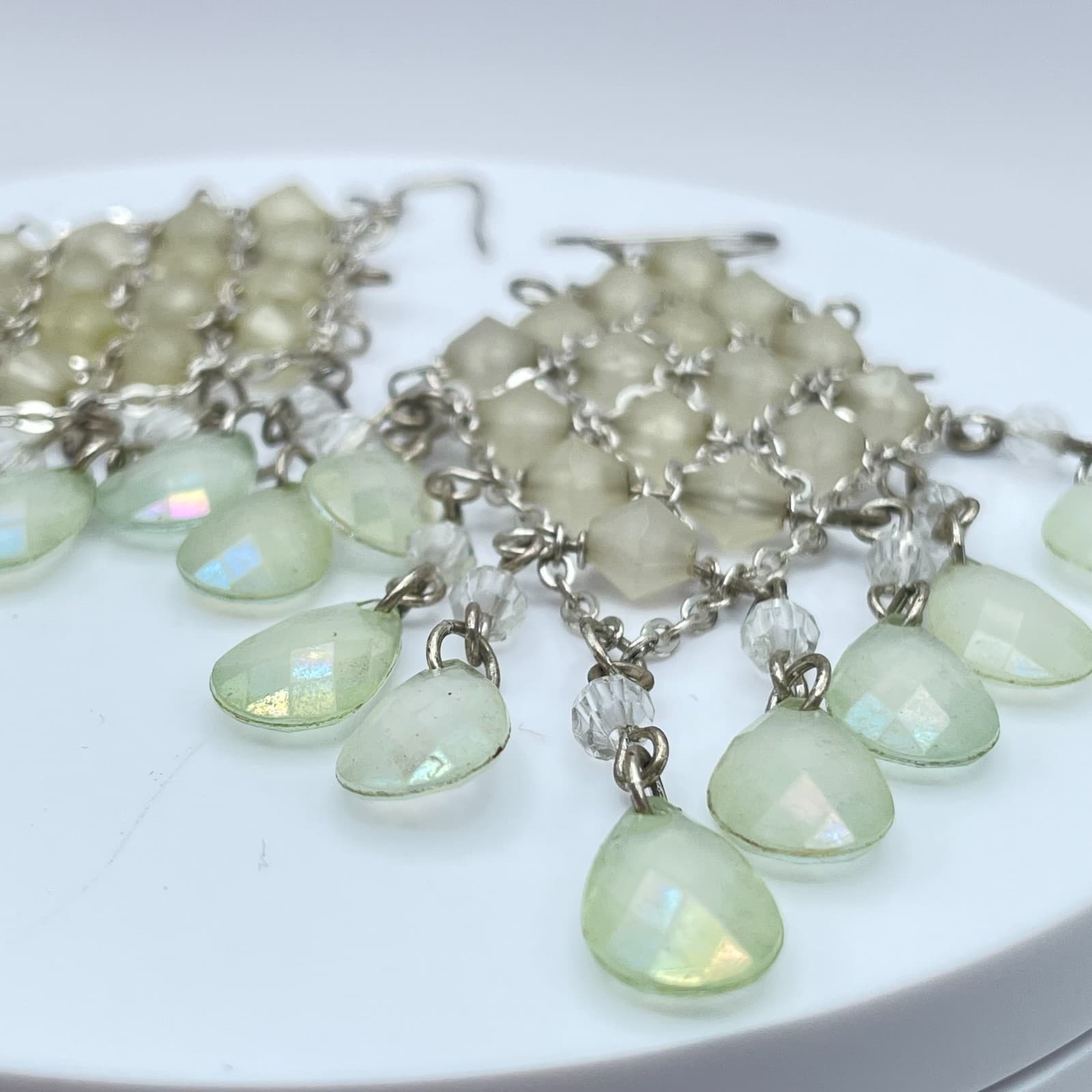 Vintage 90s Pale Green Iridescent Mesh Linked Earrings Silver Tone Jewelry - Thumbnail 4