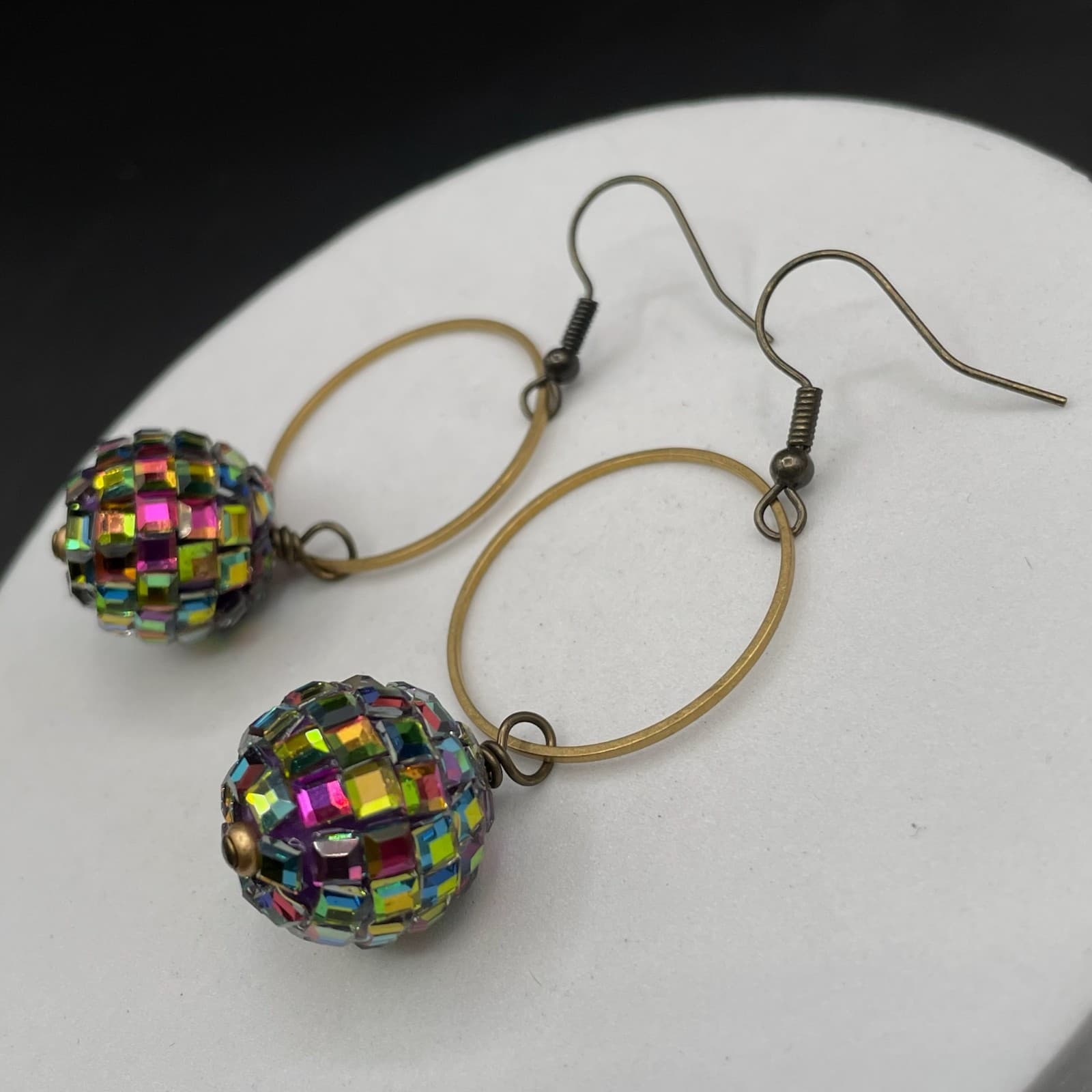Boho Gold Hoop Earrings w/ Rainbow Mosaic Bead Disco Y2K Statement - Thumbnail 3