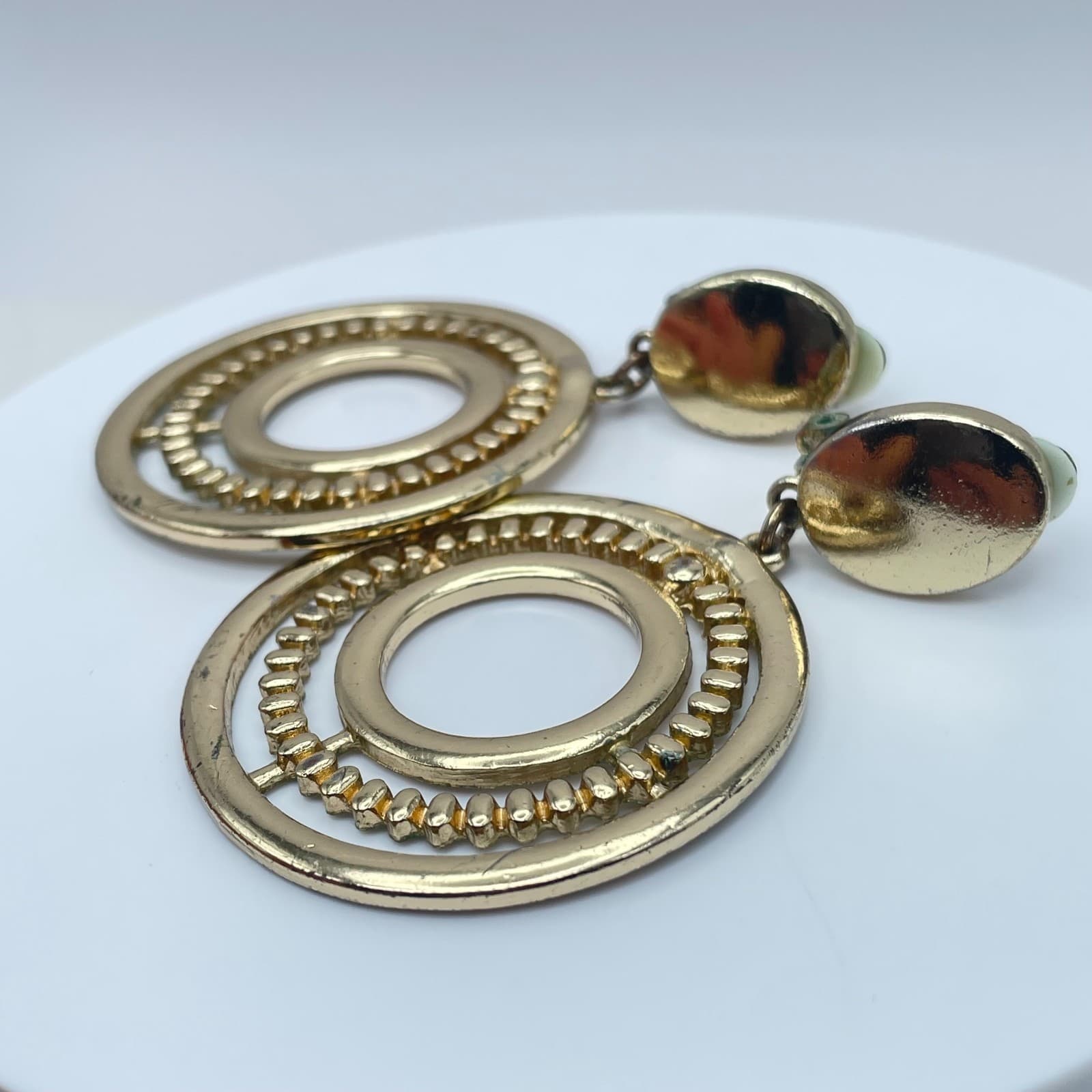 Vintage Y2K Gold Tone Textured Double Hoop Dangle Earrings Women's Jewelry - Thumbnail 3