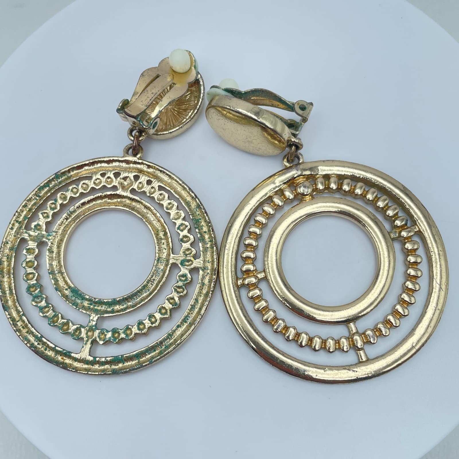 Vintage Y2K Gold Tone Textured Double Hoop Dangle Earrings Women's Jewelry - Thumbnail 8