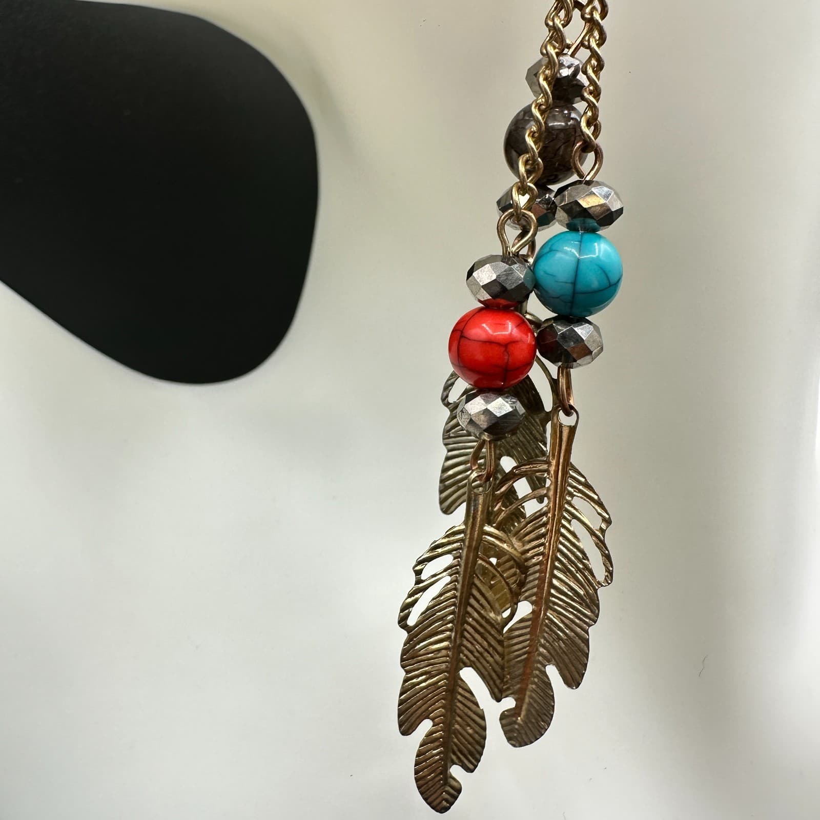 VTG Boho Feather Dangle Earrings Multi-Color Bead Chain Long Gold Tone Hook - Thumbnail 6