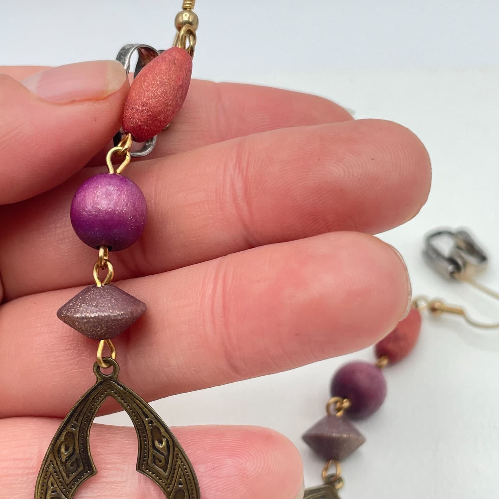 Vintage Y2K Wooden Beaded Dangle Earrings Statement Boho Women's Classic Jewelry - Thumbnail 7