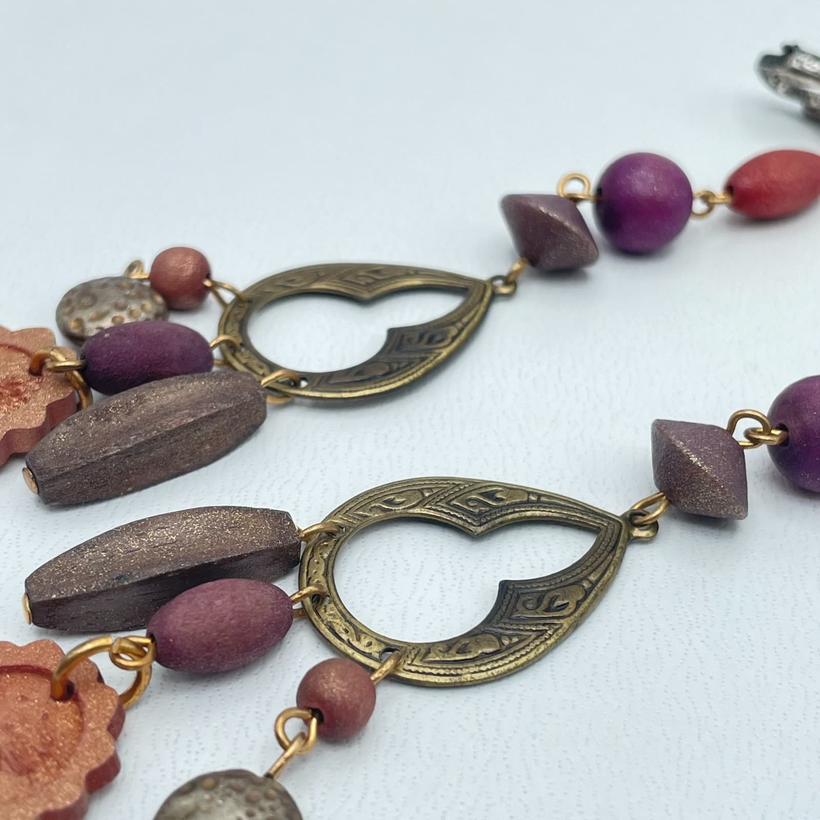 Vintage Y2K Wooden Beaded Dangle Earrings Statement Boho Women's Classic Jewelry - Thumbnail 2