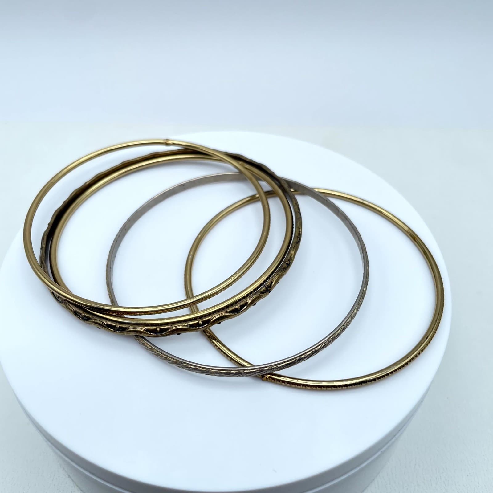 Vintage Gold-Tone Classic Fashion Oxidize Metal Slide Bunch Bangle Bracelet Set - Thumbnail 4