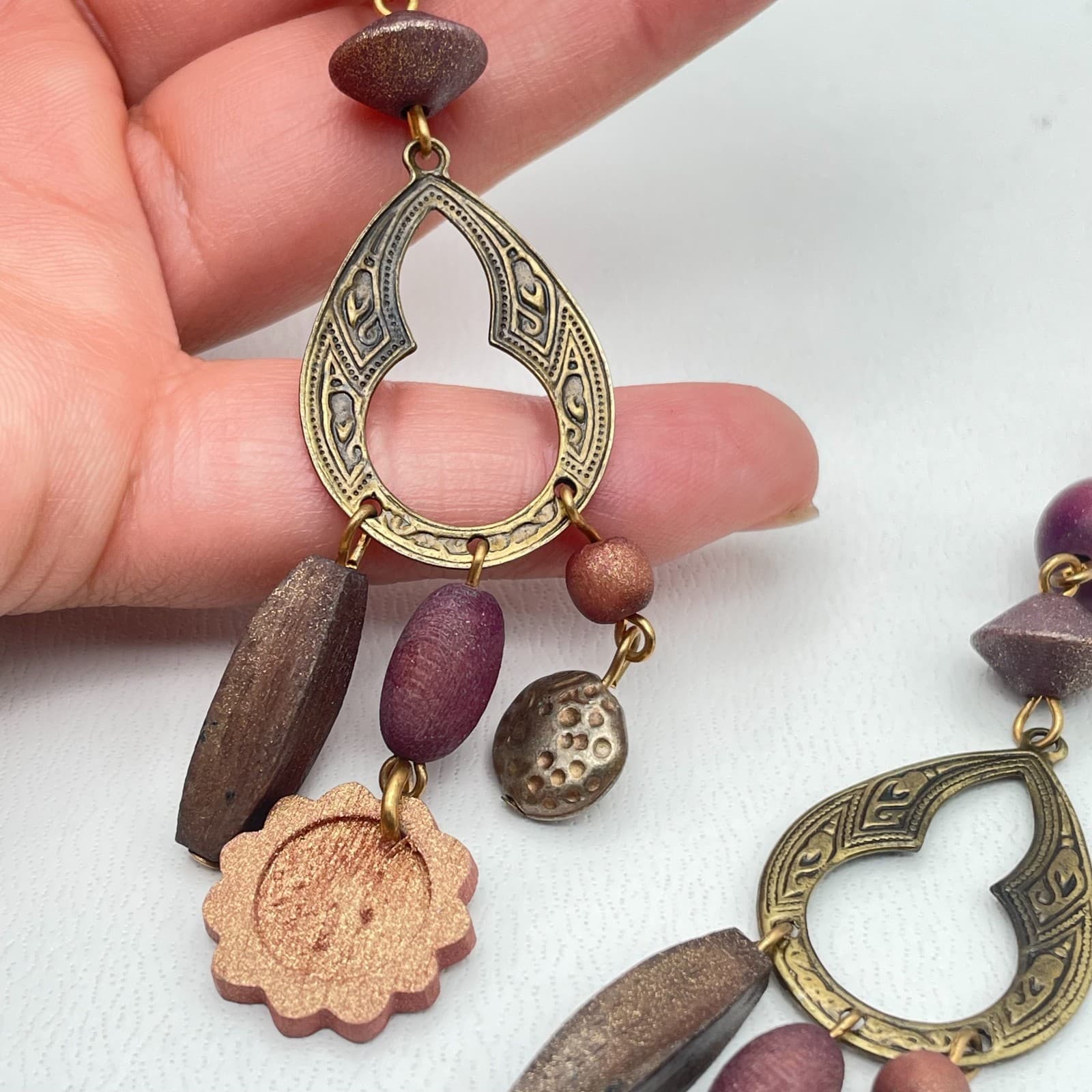 Vintage Y2K Wooden Beaded Dangle Earrings Statement Boho Women's Classic Jewelry - Thumbnail 6