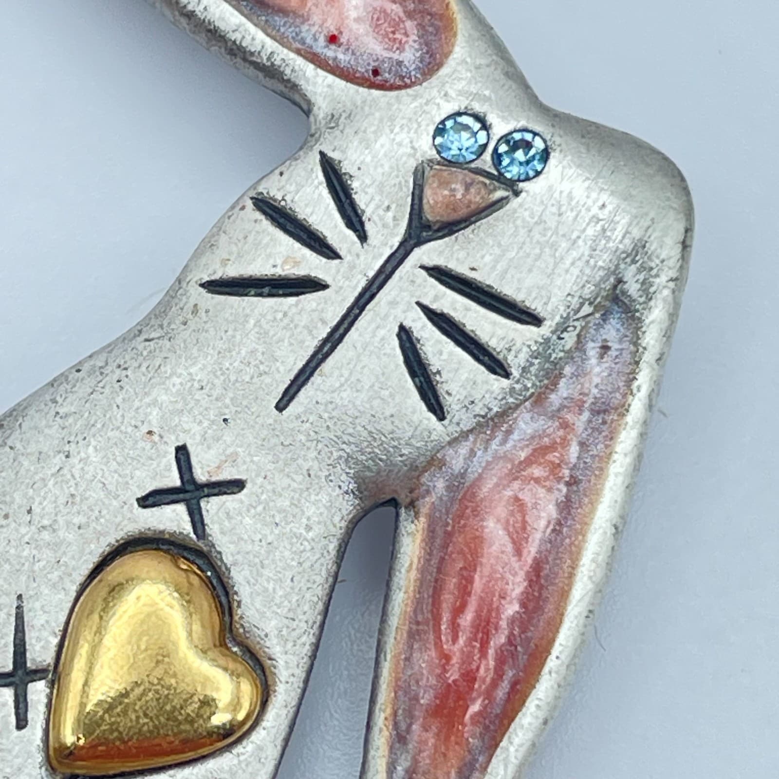 Vintage 90s AJMC Blue Crystal Enamel Bunny Rabbit Brooch Silver Tone Jewelry - Thumbnail 5