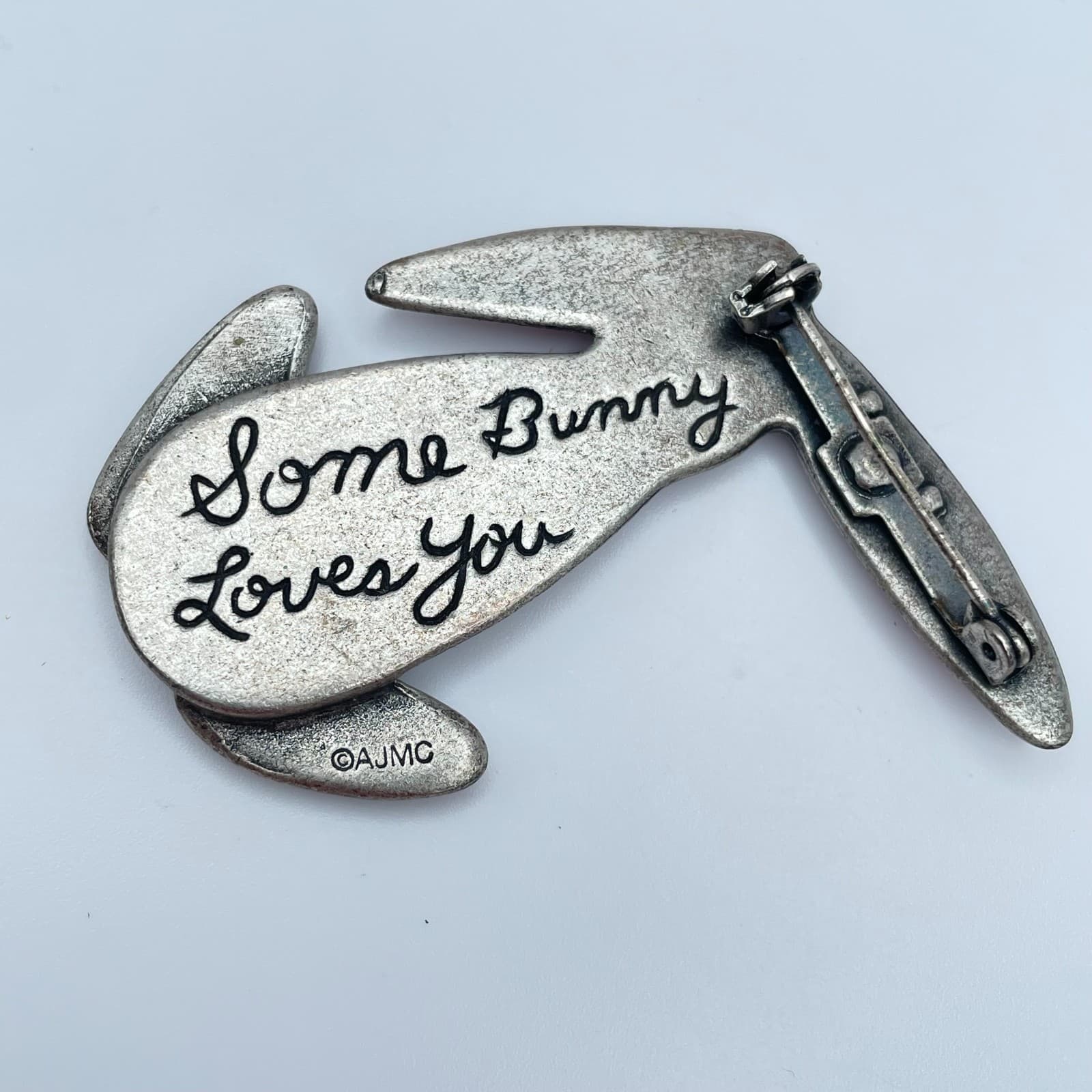 Vintage 90s AJMC Blue Crystal Enamel Bunny Rabbit Brooch Silver Tone Jewelry - Thumbnail 3