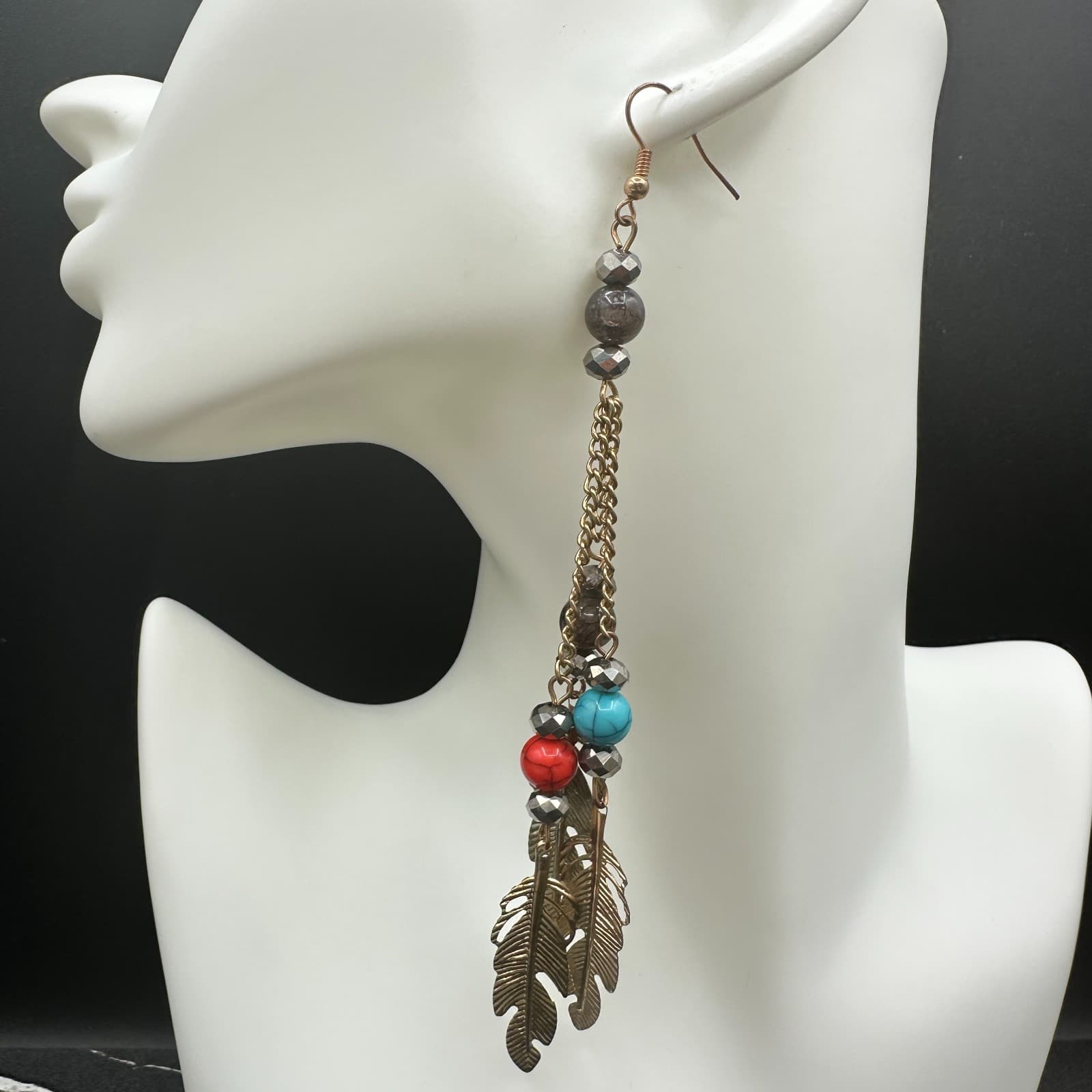 VTG Boho Feather Dangle Earrings Multi-Color Bead Chain Long Gold Tone Hook - Thumbnail 3