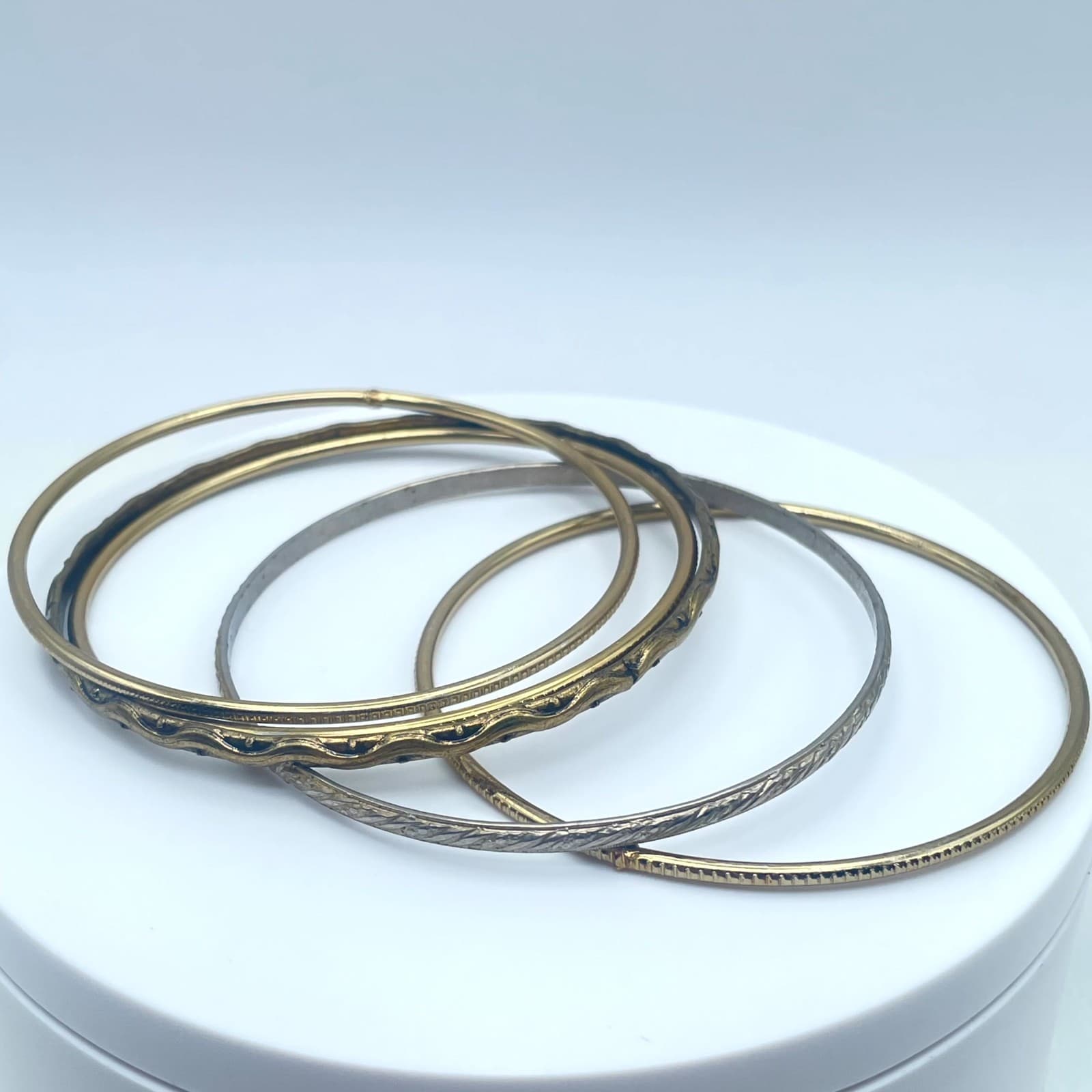 Vintage Gold-Tone Classic Fashion Oxidize Metal Slide Bunch Bangle Bracelet Set - Thumbnail 3