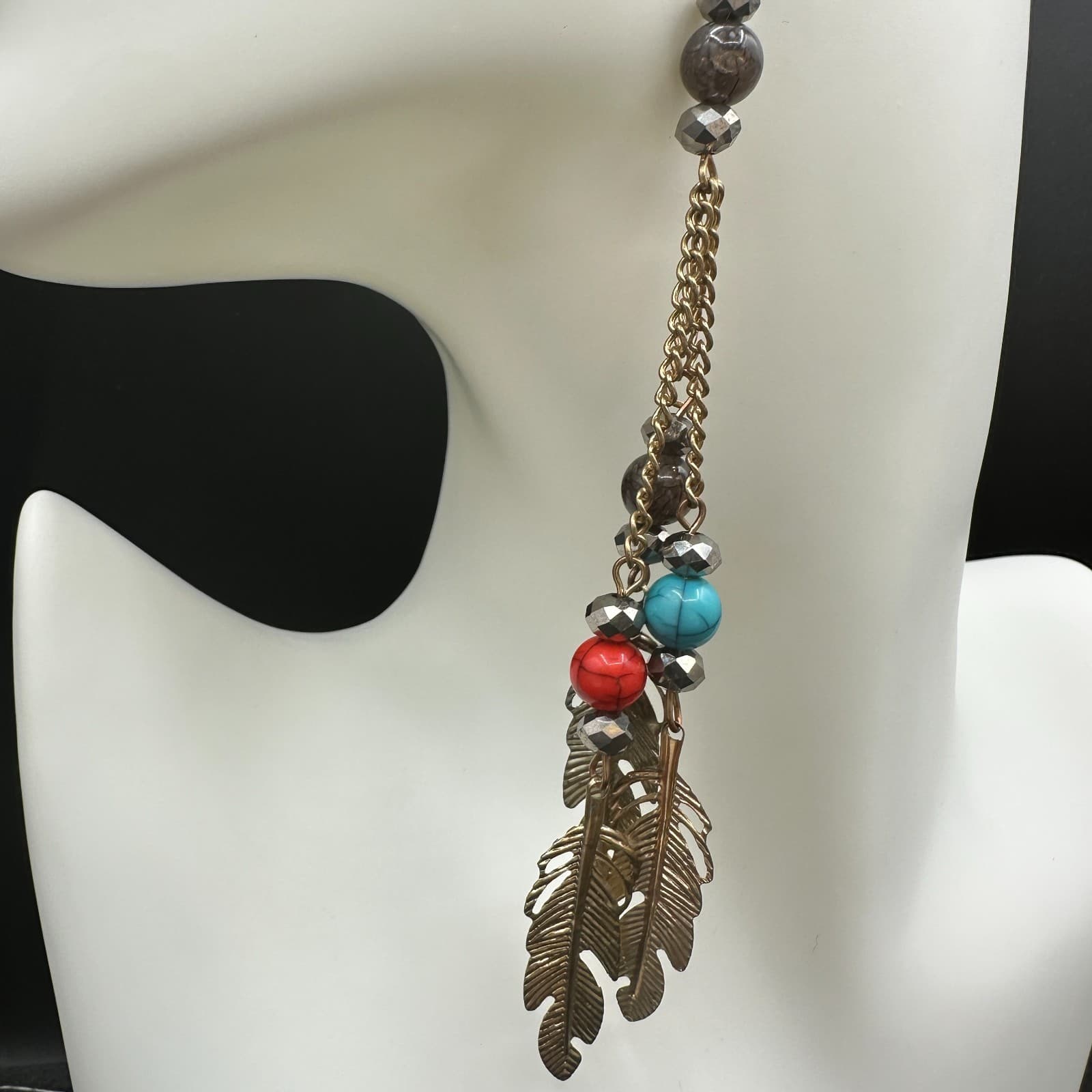 VTG Boho Feather Dangle Earrings Multi-Color Bead Chain Long Gold Tone Hook - Thumbnail 5