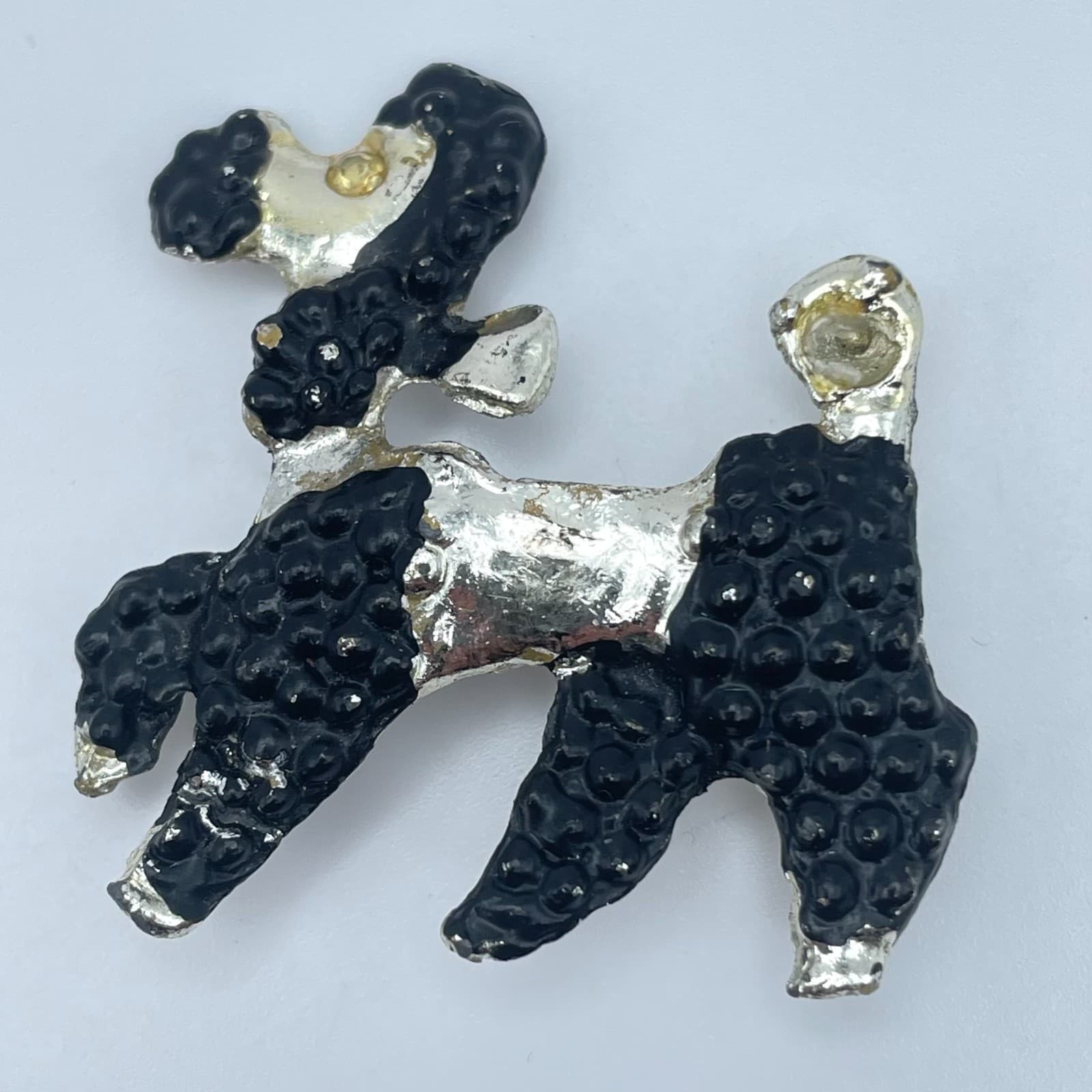 Vintage 90s Silver Tone Textured Black Enamel Poodle Dog Brooch Pin Jewelry - Image 1