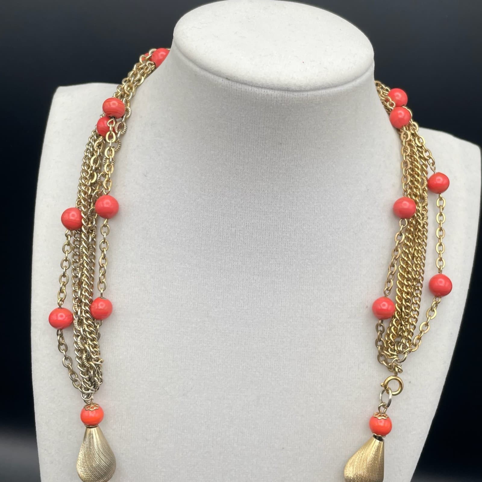 Vintage Multi-strand gold-tone chain necklace with red beads and tassel accents - Thumbnail 2