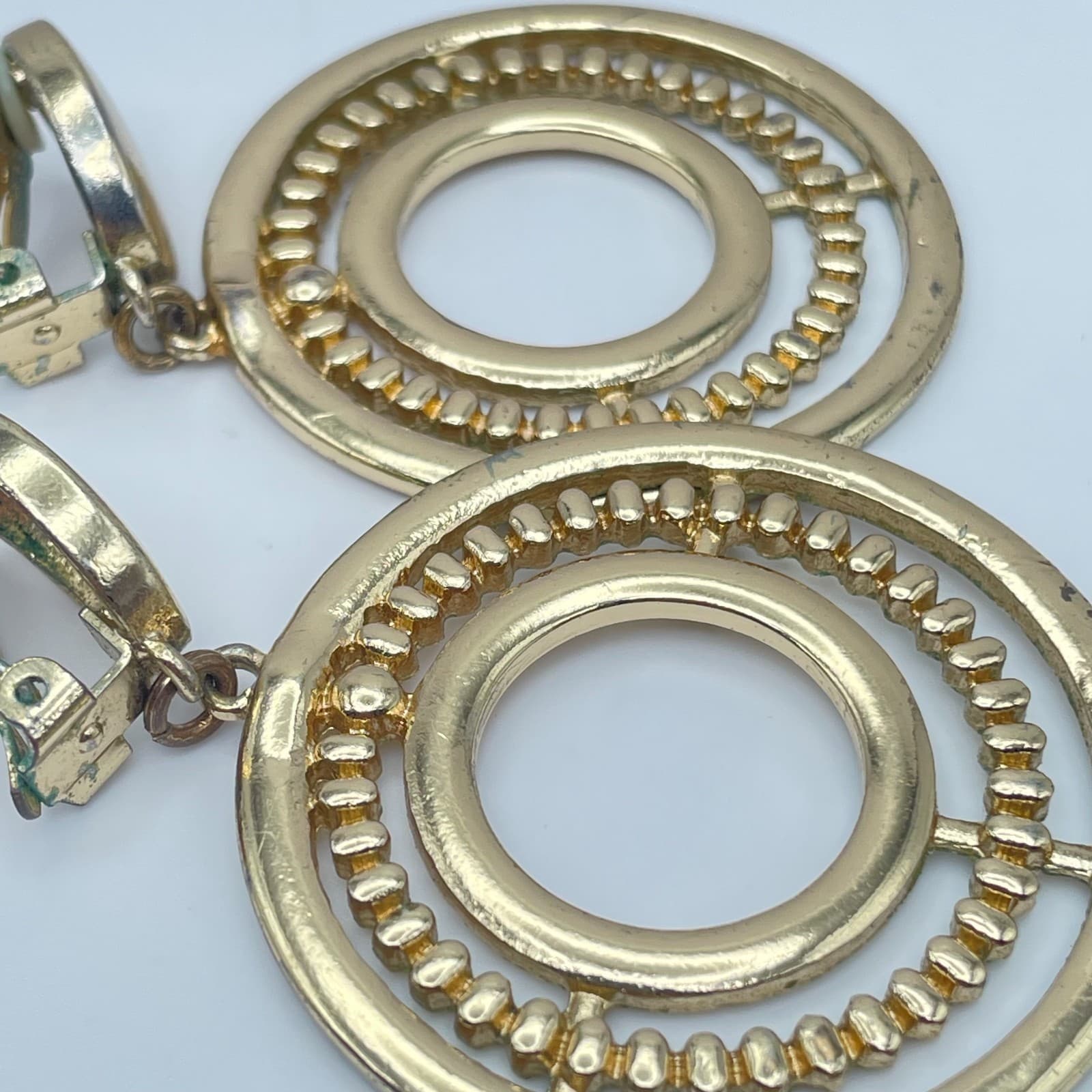 Vintage Y2K Gold Tone Textured Double Hoop Dangle Earrings Women's Jewelry - Thumbnail 6