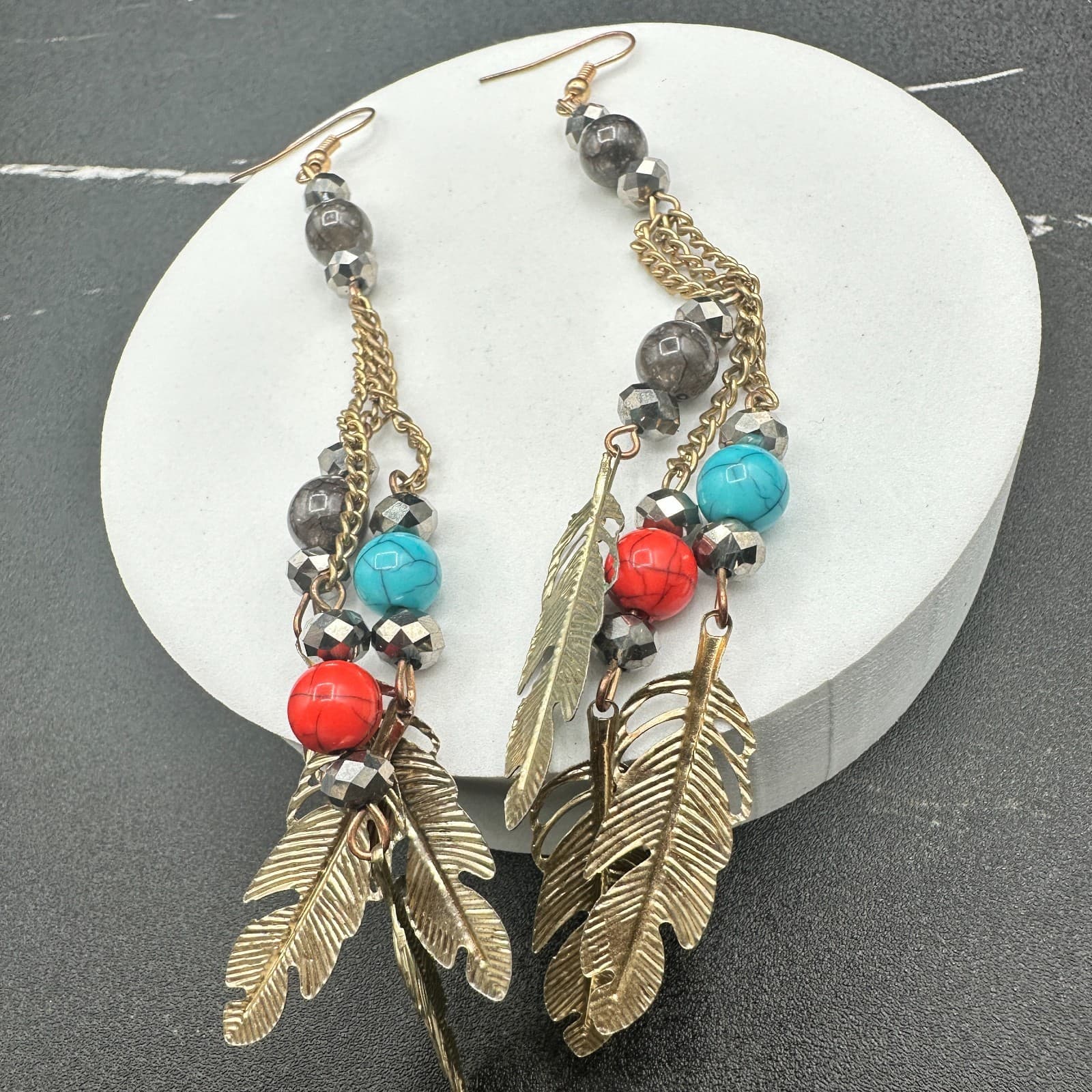 VTG Boho Feather Dangle Earrings Multi-Color Bead Chain Long Gold Tone Hook - Thumbnail 13