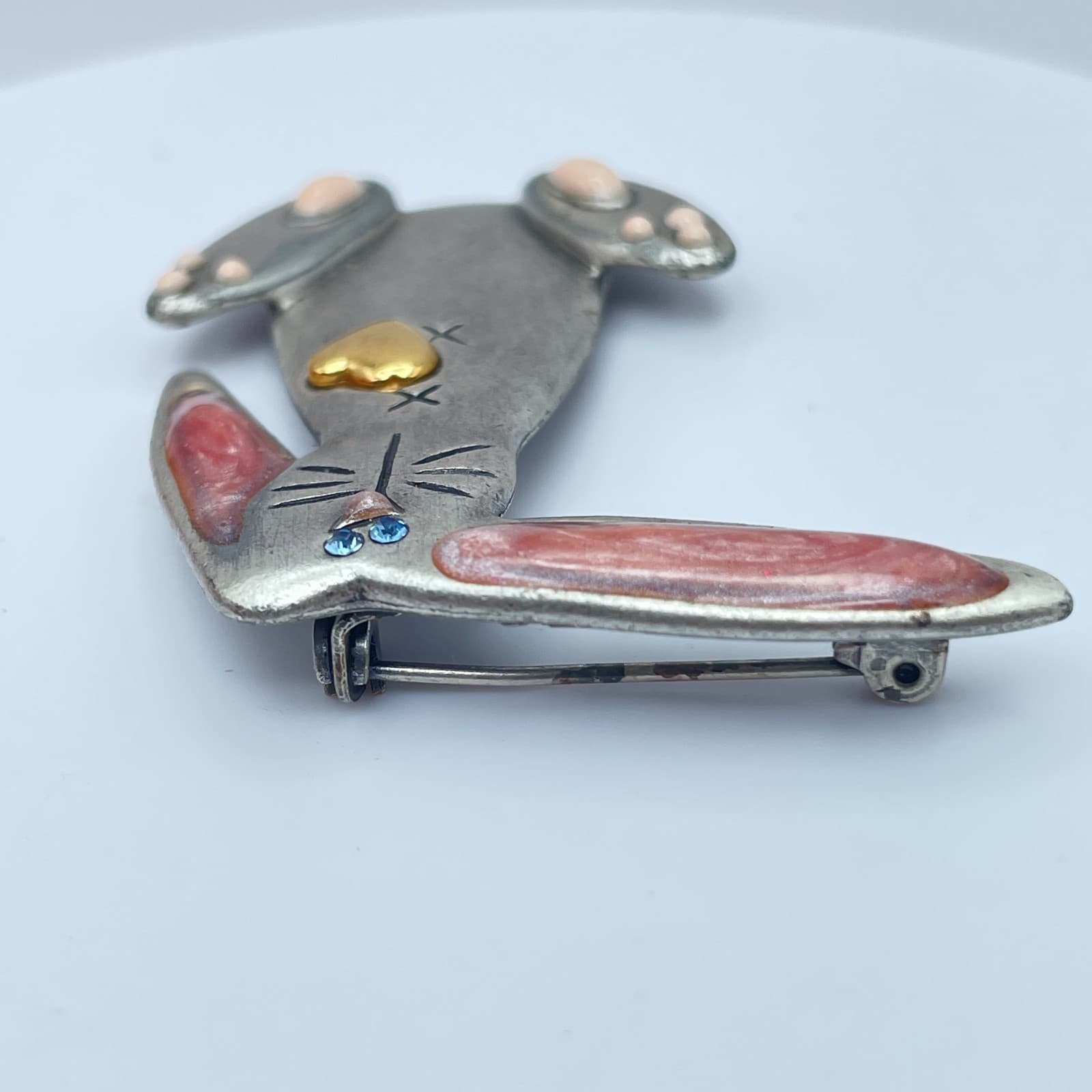 Vintage 90s AJMC Blue Crystal Enamel Bunny Rabbit Brooch Silver Tone Jewelry - Thumbnail 4