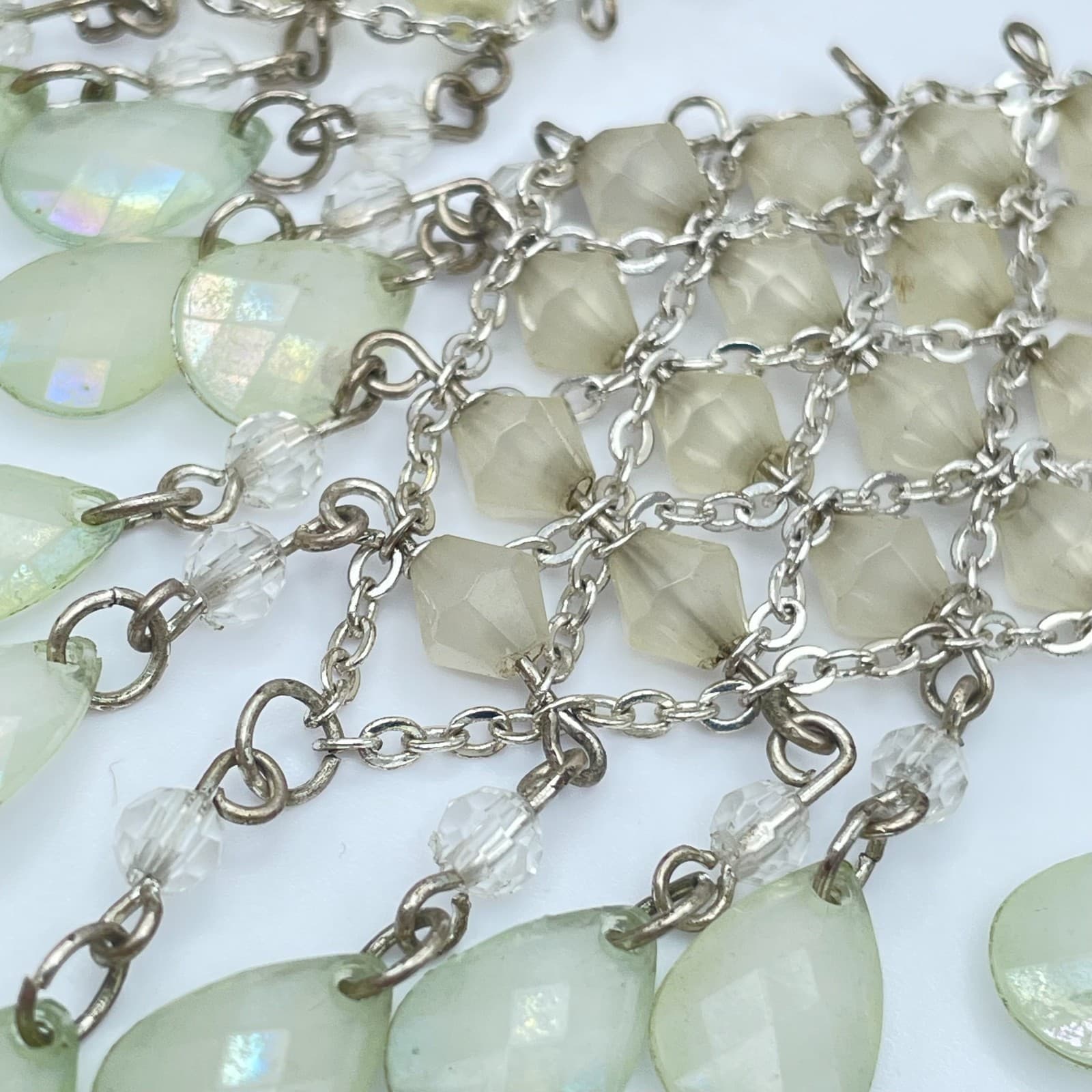 Vintage 90s Pale Green Iridescent Mesh Linked Earrings Silver Tone Jewelry - Thumbnail 6