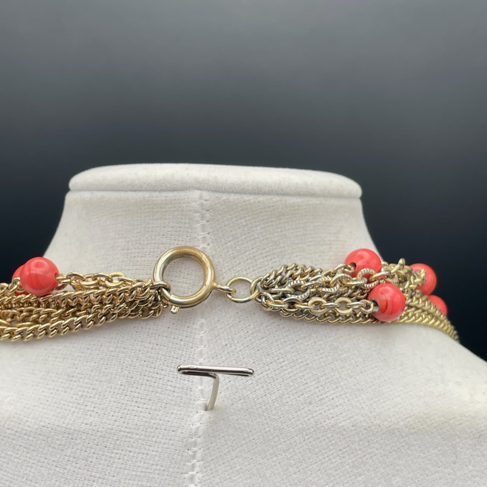 Vintage Multi-strand gold-tone chain necklace with red beads and tassel accents - Thumbnail 9
