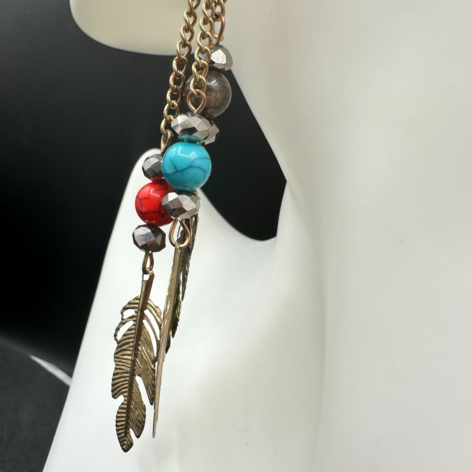 VTG Boho Feather Dangle Earrings Multi-Color Bead Chain Long Gold Tone Hook - Thumbnail 10
