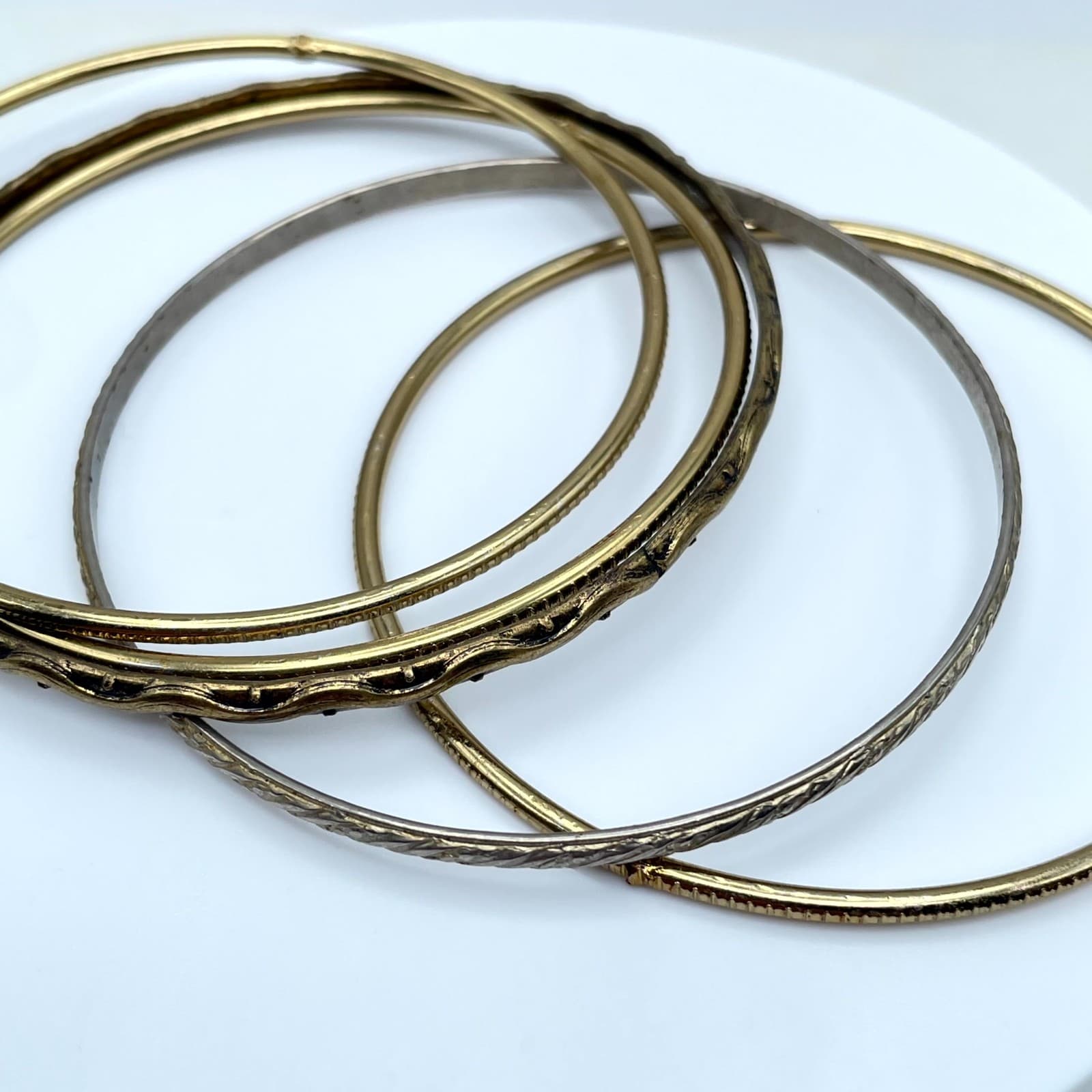 Vintage Gold-Tone Classic Fashion Oxidize Metal Slide Bunch Bangle Bracelet Set - Thumbnail 5