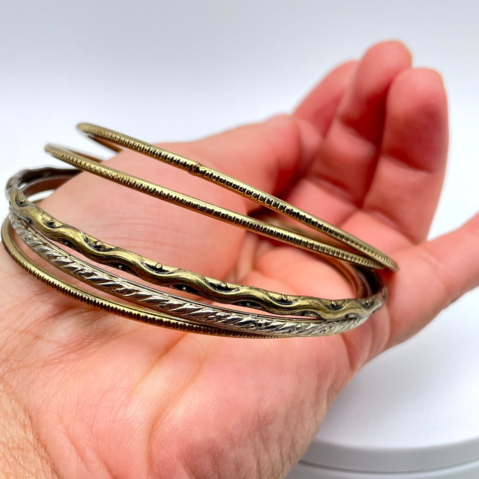 Vintage Gold-Tone Classic Fashion Oxidize Metal Slide Bunch Bangle Bracelet Set - Thumbnail 7