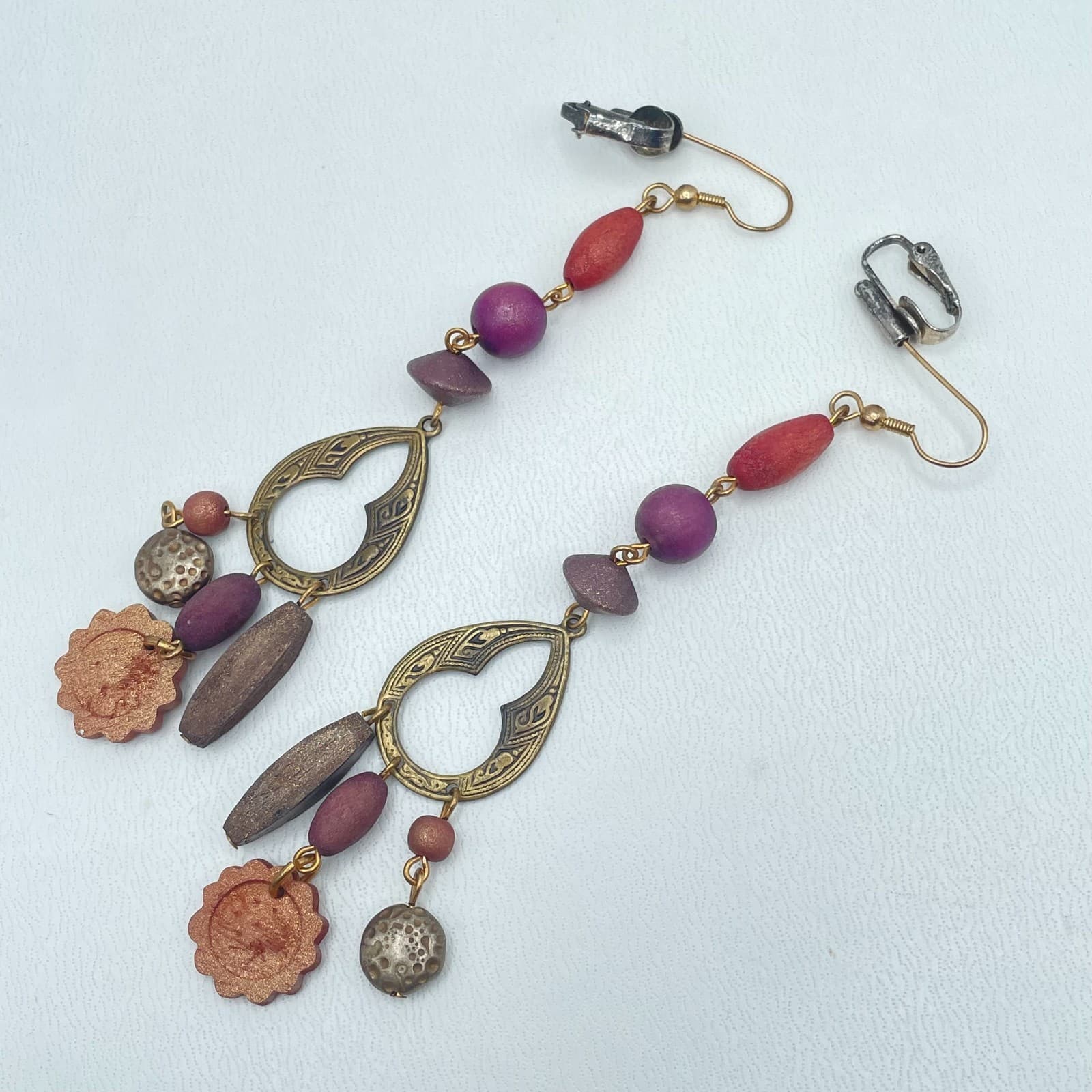 Vintage Y2K Wooden Beaded Dangle Earrings Statement Boho Women's Classic Jewelry - Image 1