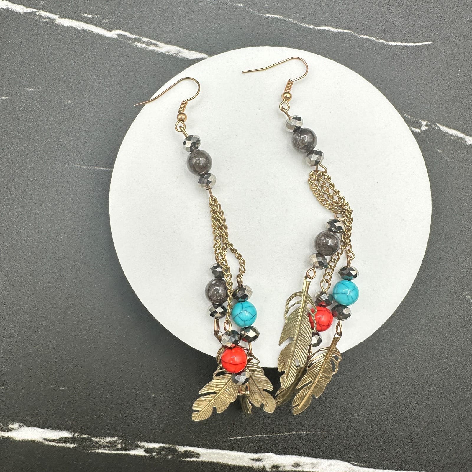 VTG Boho Feather Dangle Earrings Multi-Color Bead Chain Long Gold Tone Hook - Image 1