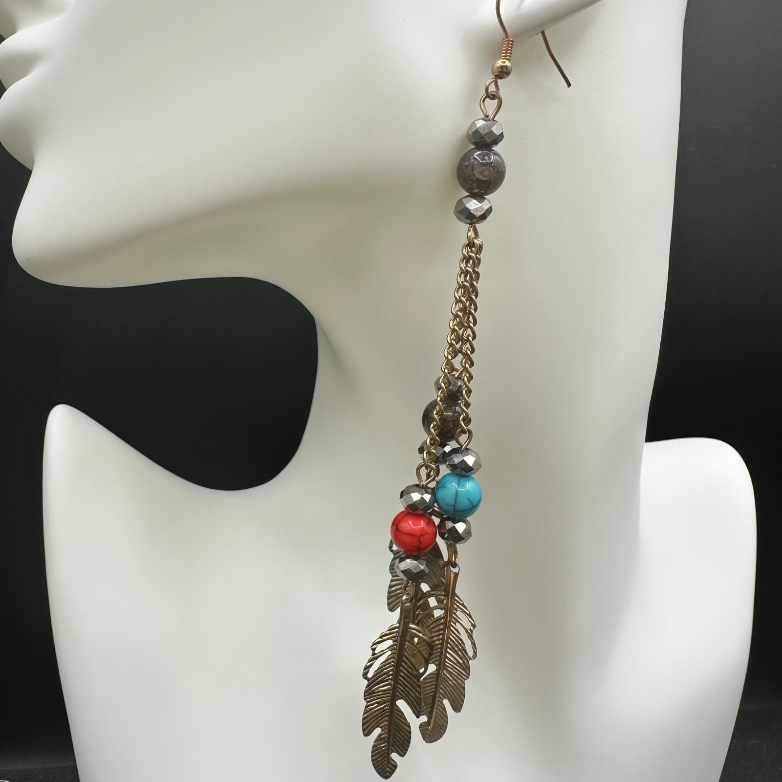 VTG Boho Feather Dangle Earrings Multi-Color Bead Chain Long Gold Tone Hook - Thumbnail 4