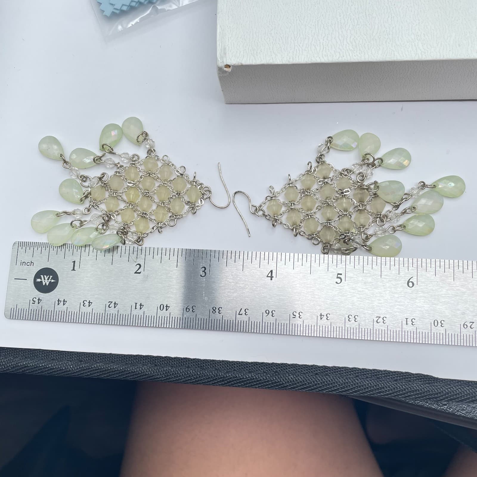 Vintage 90s Pale Green Iridescent Mesh Linked Earrings Silver Tone Jewelry - Thumbnail 8