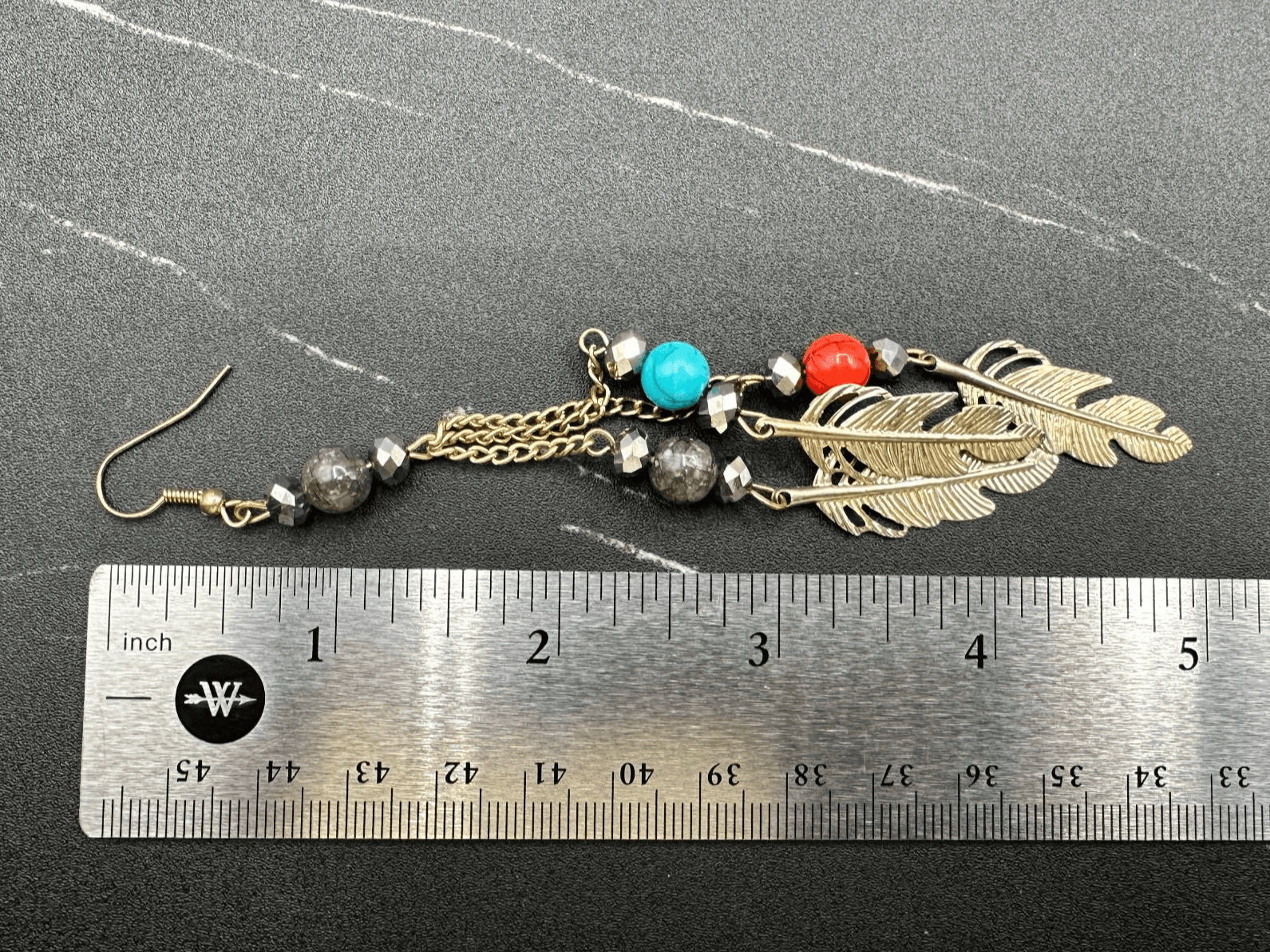 VTG Boho Feather Dangle Earrings Multi-Color Bead Chain Long Gold Tone Hook - Thumbnail 2