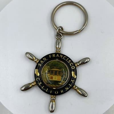 Vintage San Francisco Cable Car, Golden Gate Bridge Ship Wheel Keychain Souvenir - Image 1