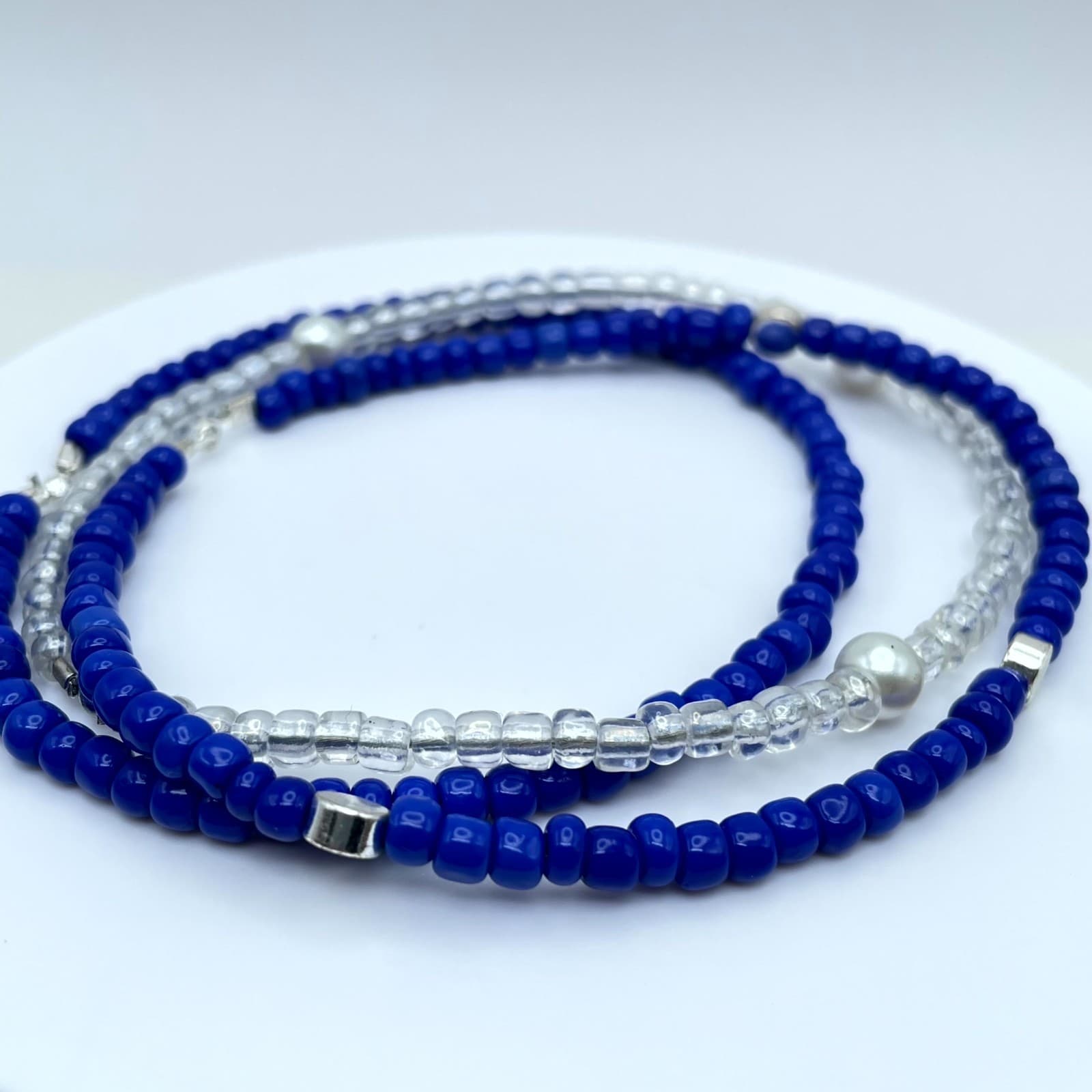 Afro-Caribbean Blue White Seed Beads Mother Of Pearls Triple-Stranded Bracelet - Thumbnail 3