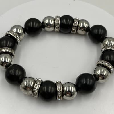 VTG Black Beaded Stretch Bracelet Silver Tone Spacer Rhinestone Round Statement - Thumbnail 2