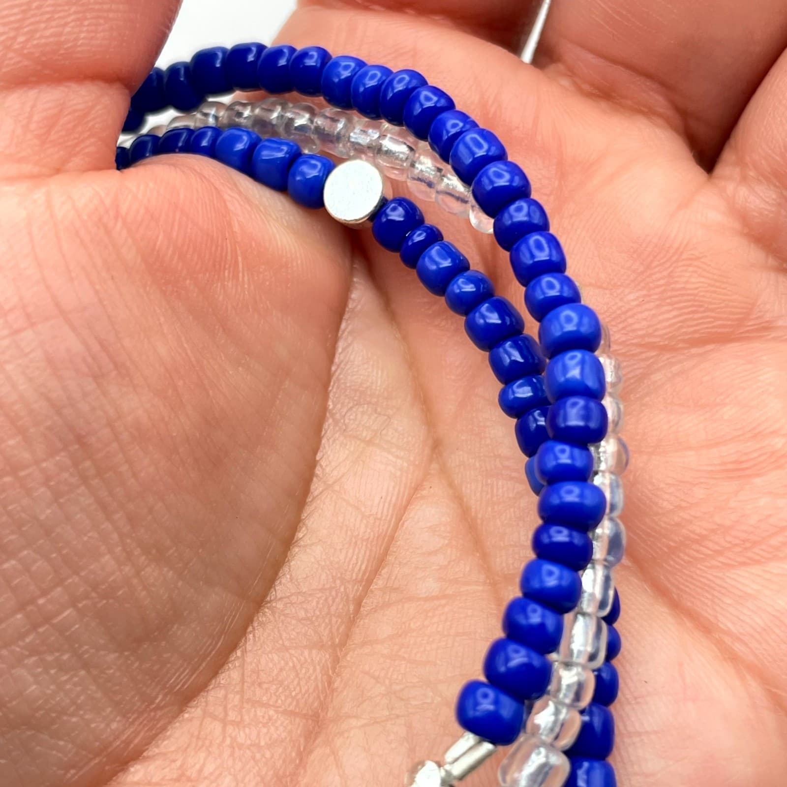 Afro-Caribbean Blue White Seed Beads Mother Of Pearls Triple-Stranded Bracelet - Thumbnail 10