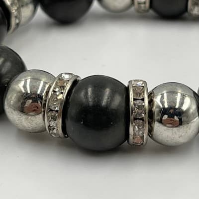 VTG Black Beaded Stretch Bracelet Silver Tone Spacer Rhinestone Round Statement - Thumbnail 3