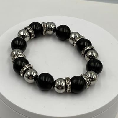 VTG Black Beaded Stretch Bracelet Silver Tone Spacer Rhinestone Round Statement - Thumbnail 4