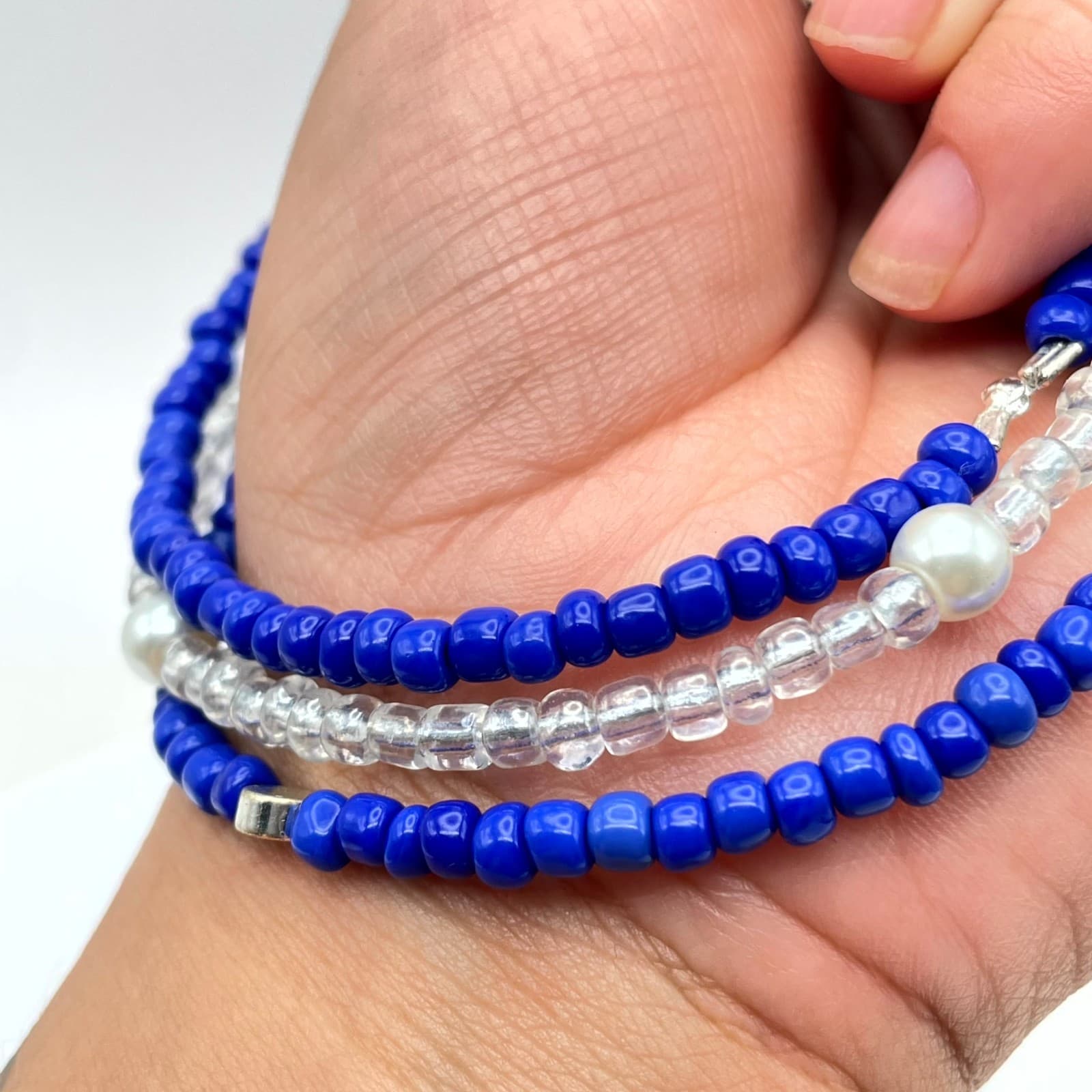 Afro-Caribbean Blue White Seed Beads Mother Of Pearls Triple-Stranded Bracelet - Thumbnail 11