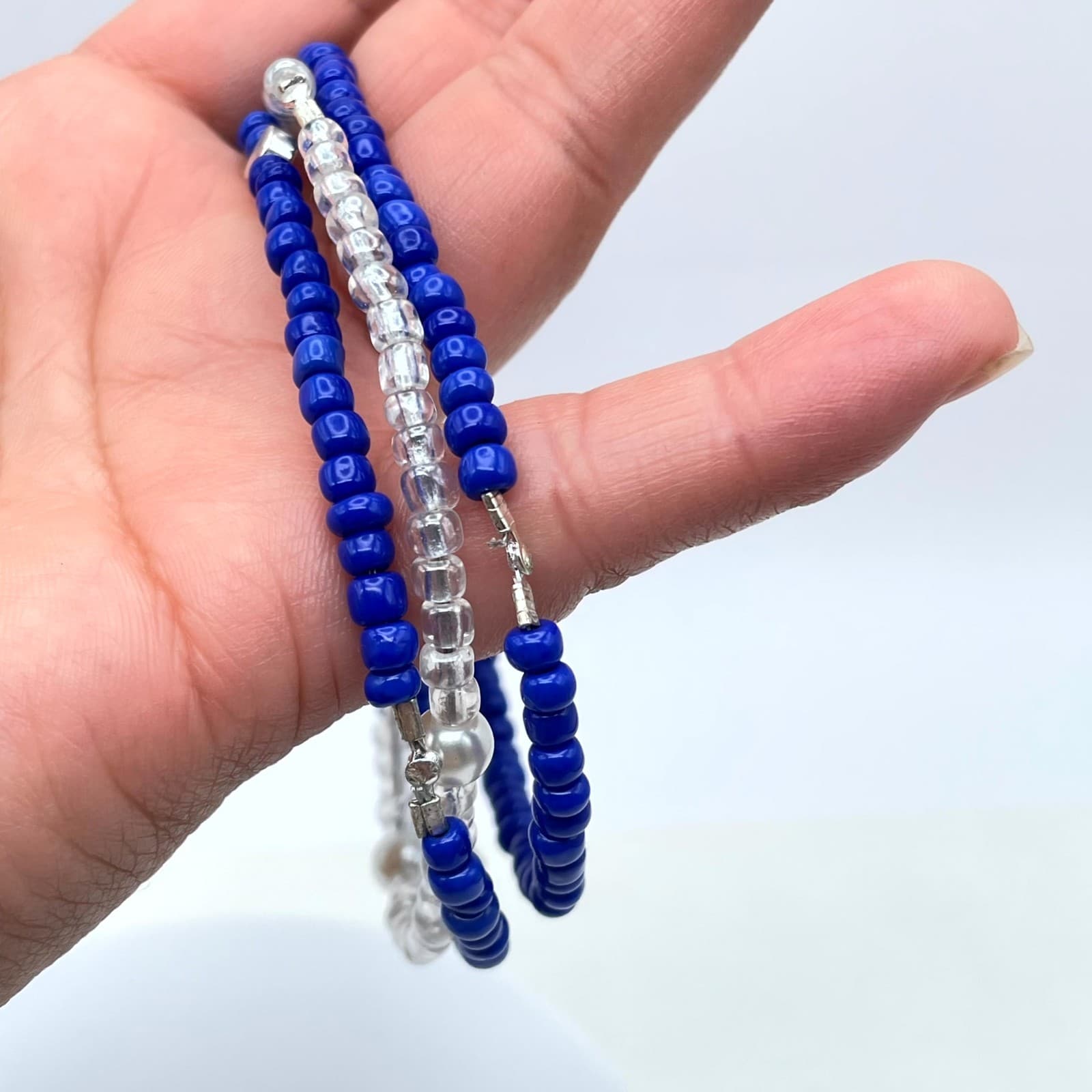 Afro-Caribbean Blue White Seed Beads Mother Of Pearls Triple-Stranded Bracelet - Thumbnail 12