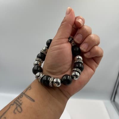 VTG Black Beaded Stretch Bracelet Silver Tone Spacer Rhinestone Round Statement - Thumbnail 6