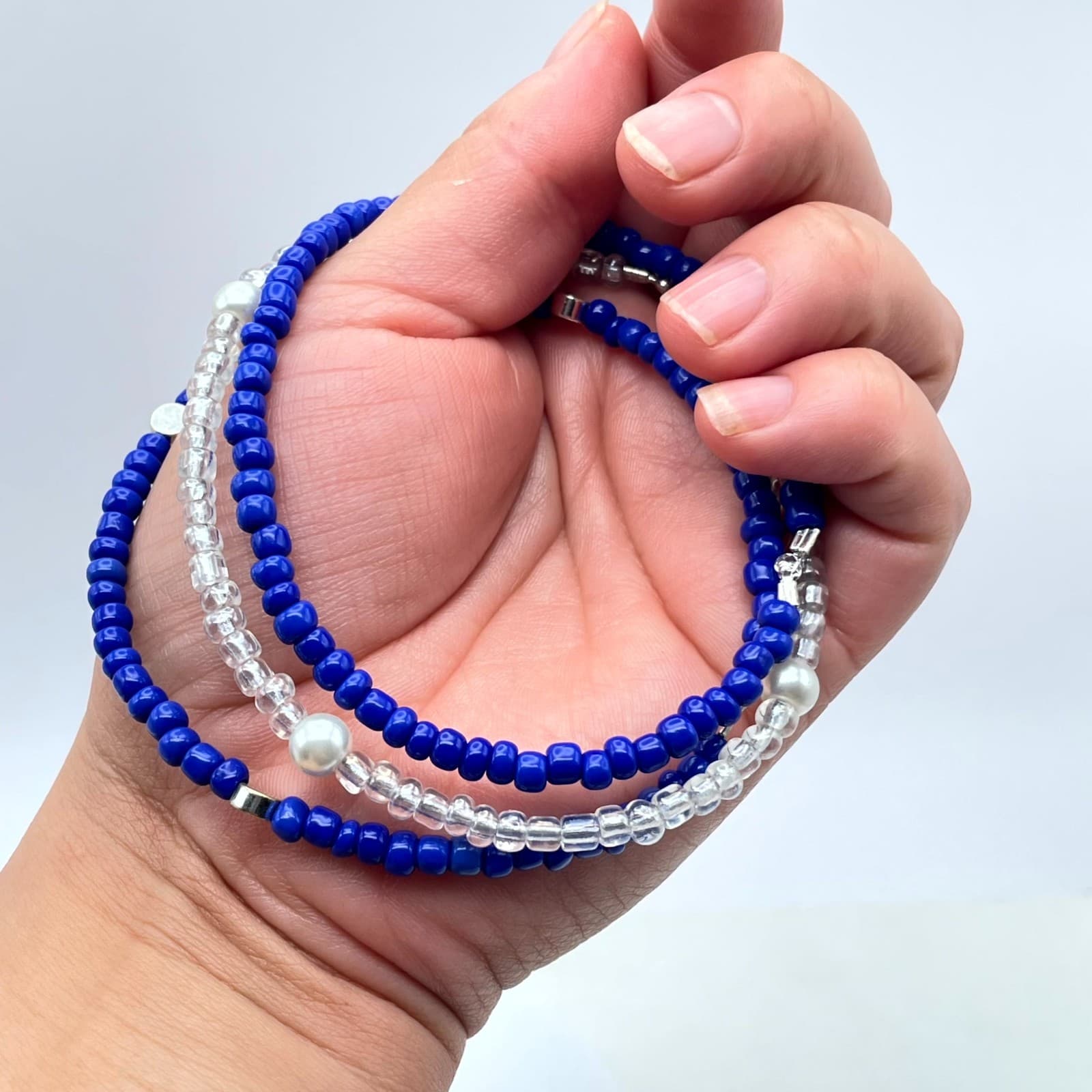 Afro-Caribbean Blue White Seed Beads Mother Of Pearls Triple-Stranded Bracelet - Thumbnail 13