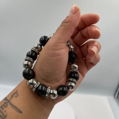 VTG Black Beaded Stretch Bracelet Silver Tone Spacer Rhinestone Round Statement - Thumbnail 7