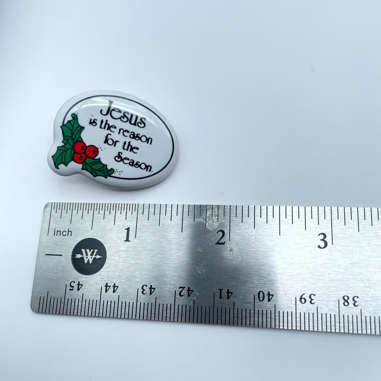 Vintage White Religious Porcelain "Jesus is the Reason for the Season" Lapel Pin - Thumbnail 2