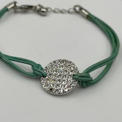 Vintage Lia Sophia Green Cord Bracelet Pave Crystal Disc Charm Adjustable Chain - Thumbnail 3